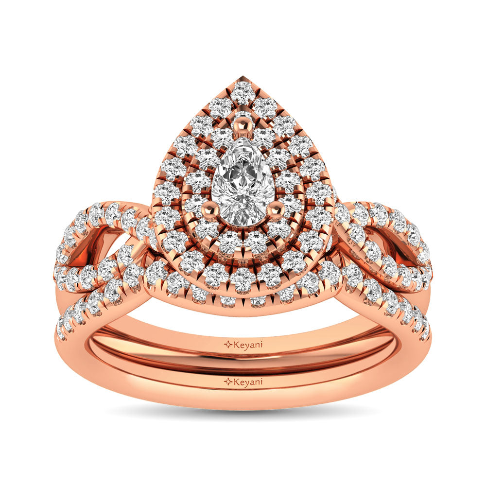Diamond Twist Shank Double Halo Bridal Ring 1 Ct Tw Pear Cut In 14K Rose Gold
