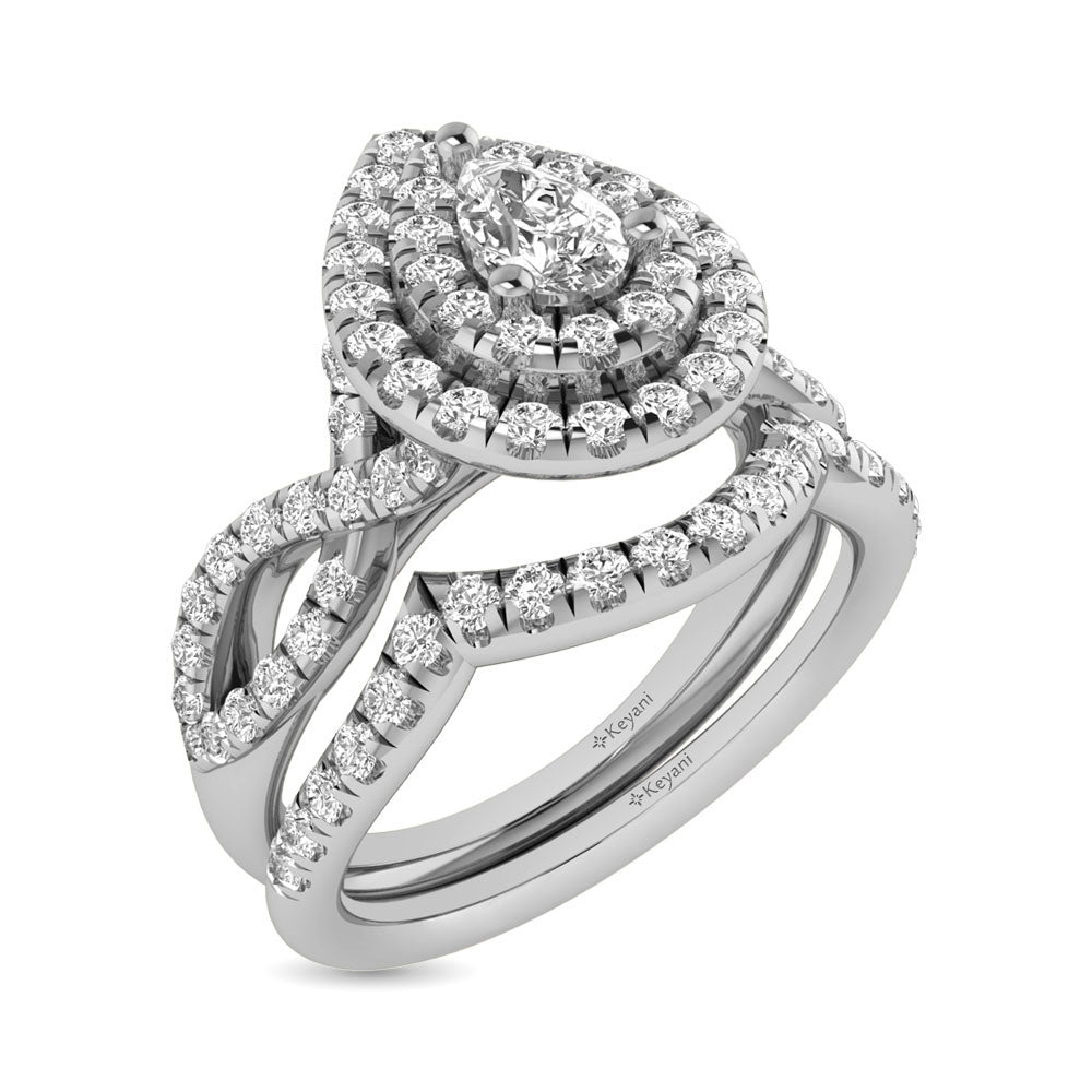 Diamond Twist Shank Double Halo Bridal Ring 3/4 Ct Tw Pear Cut In 14K White Gold