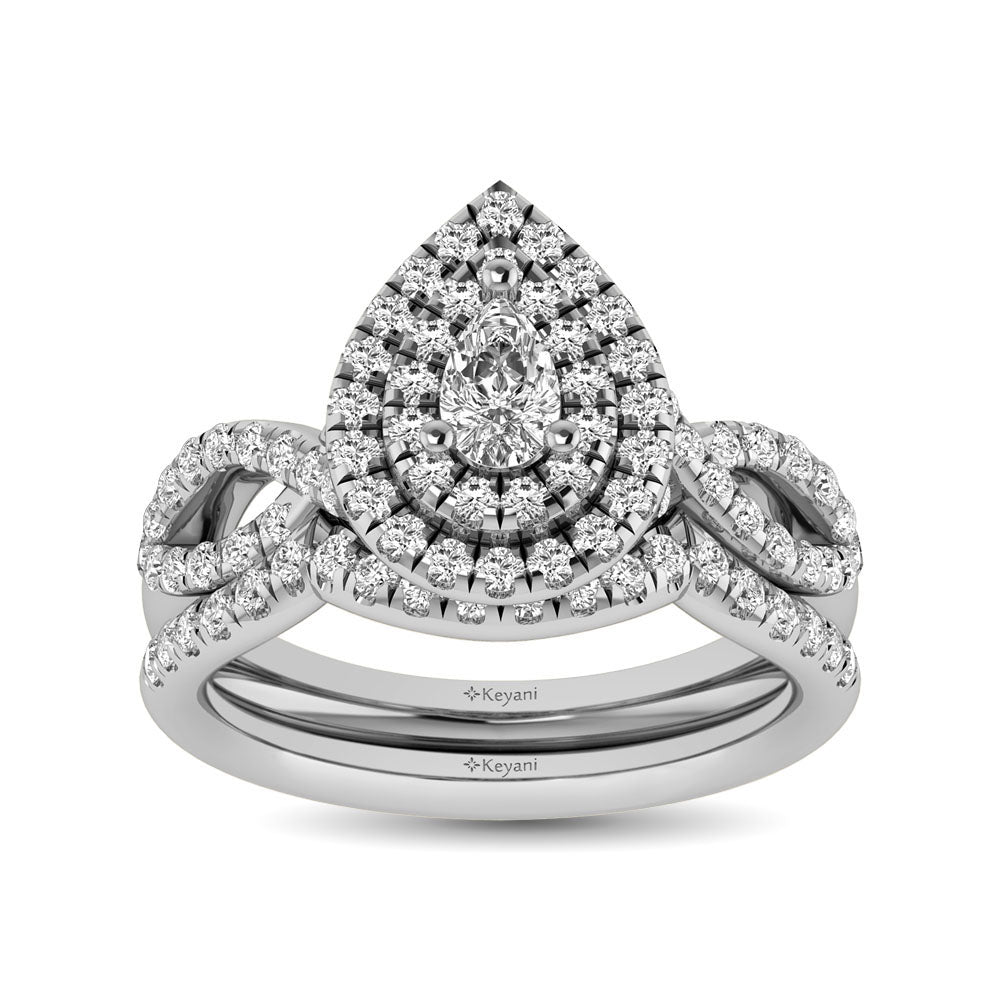 Diamond Twist Shank Double Halo Bridal Ring 3/4 Ct Tw Pear Cut In 14K White Gold
