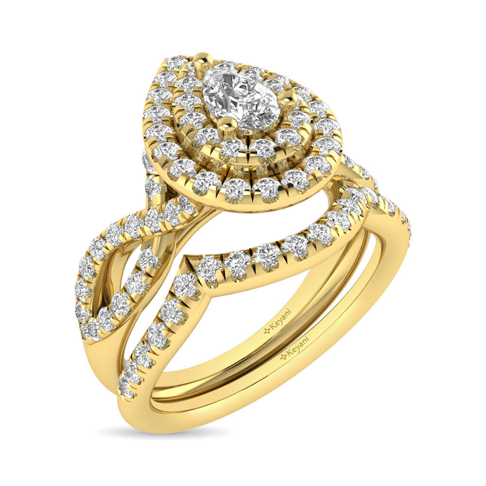 Diamond Twist Shank Double Halo Bridal Ring 3/4 Ct Tw Pear Cut In 14K Yellow Gold