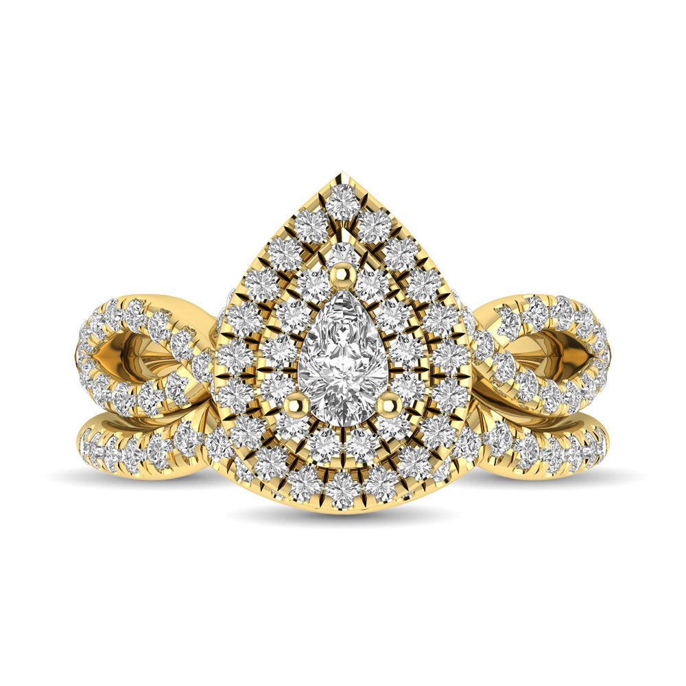 Diamond Twist Shank Double Halo Bridal Ring 3/4 Ct Tw Pear Cut In 14K Yellow Gold