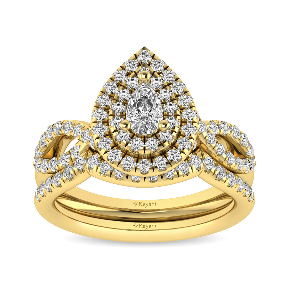 Diamond Twist Shank Double Halo Bridal Ring 1 Ct Tw Pear Cut In 14K Yellow Gold