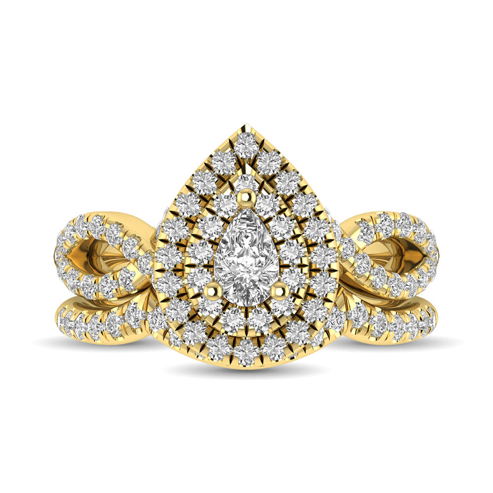 Diamond Twist Shank Double Halo Bridal Ring 1 ct tw Pear Cut in 14K Yellow Gold