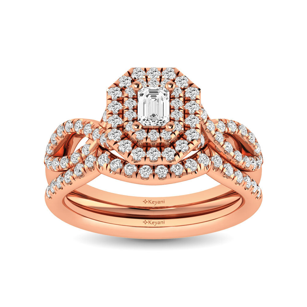 Diamond Twist Shank Double Halo Bridal Ring 3/4 ct tw Emerald Cut in 14K Rose Gold