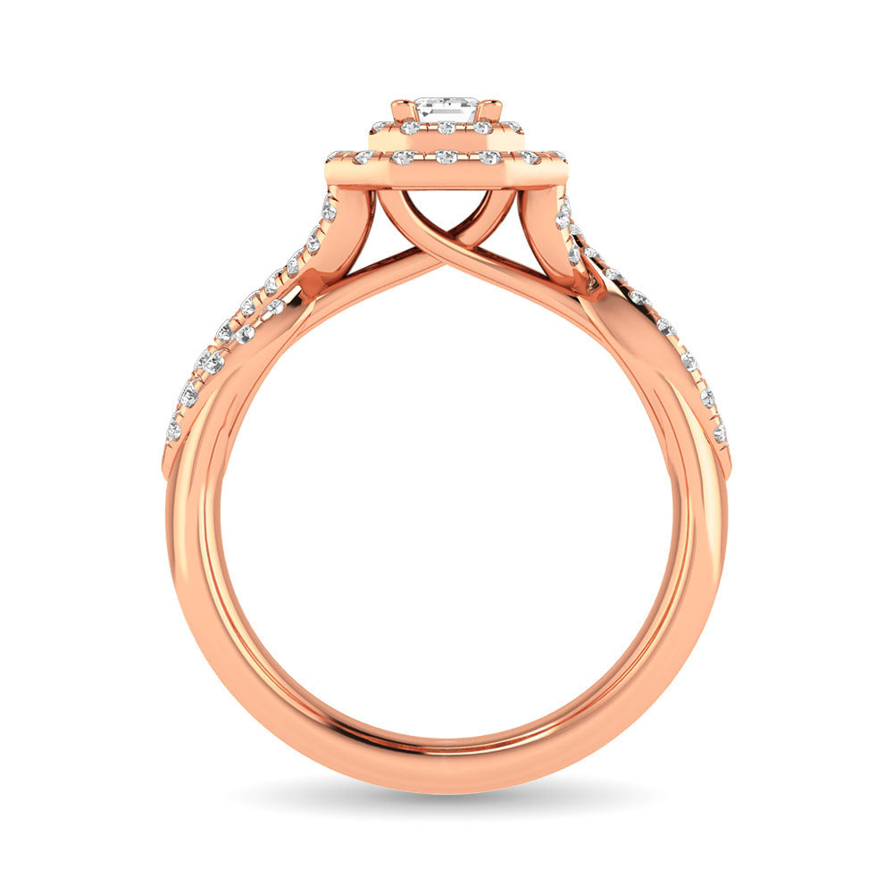 Diamond Twist Shank Double Halo Bridal Ring 3/4 Ct Tw Emerald Cut In 14K Rose Gold