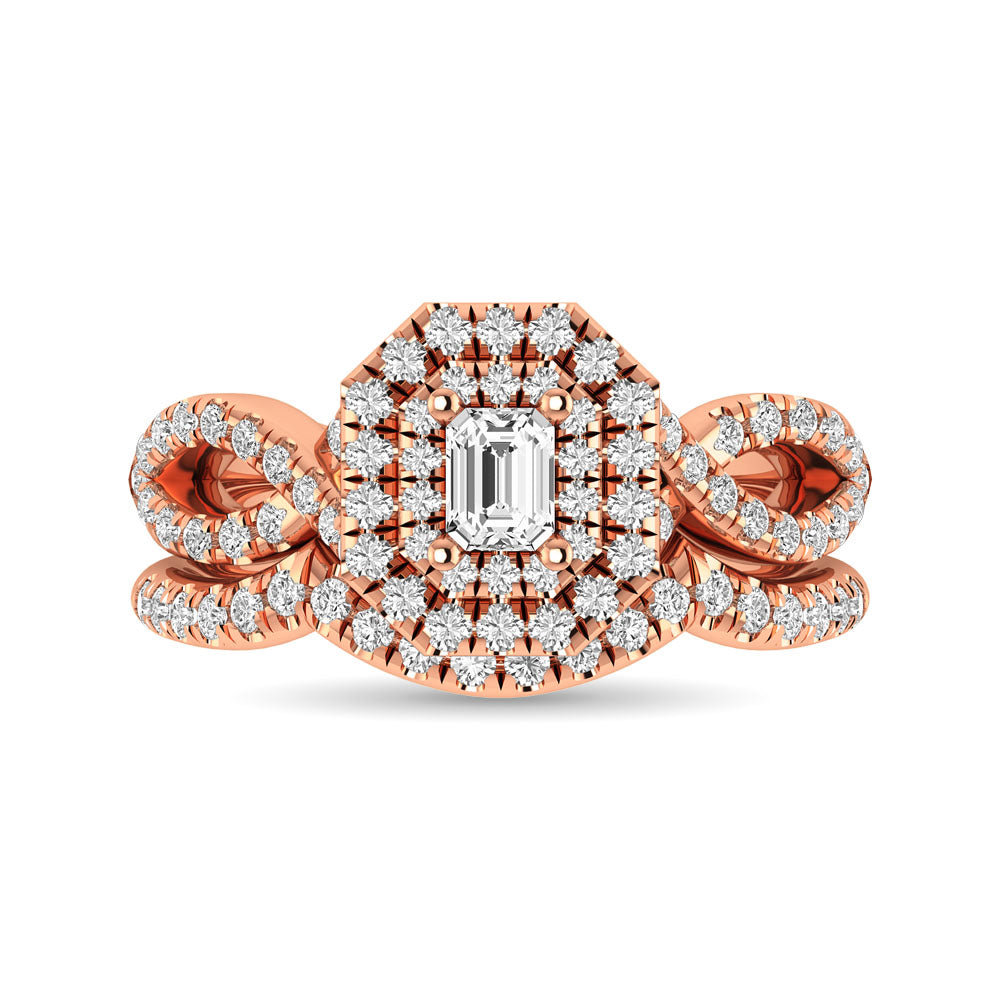 Diamond Twist Shank Double Halo Bridal Ring 1 ct tw Emerald Cut in 14K Rose Gold