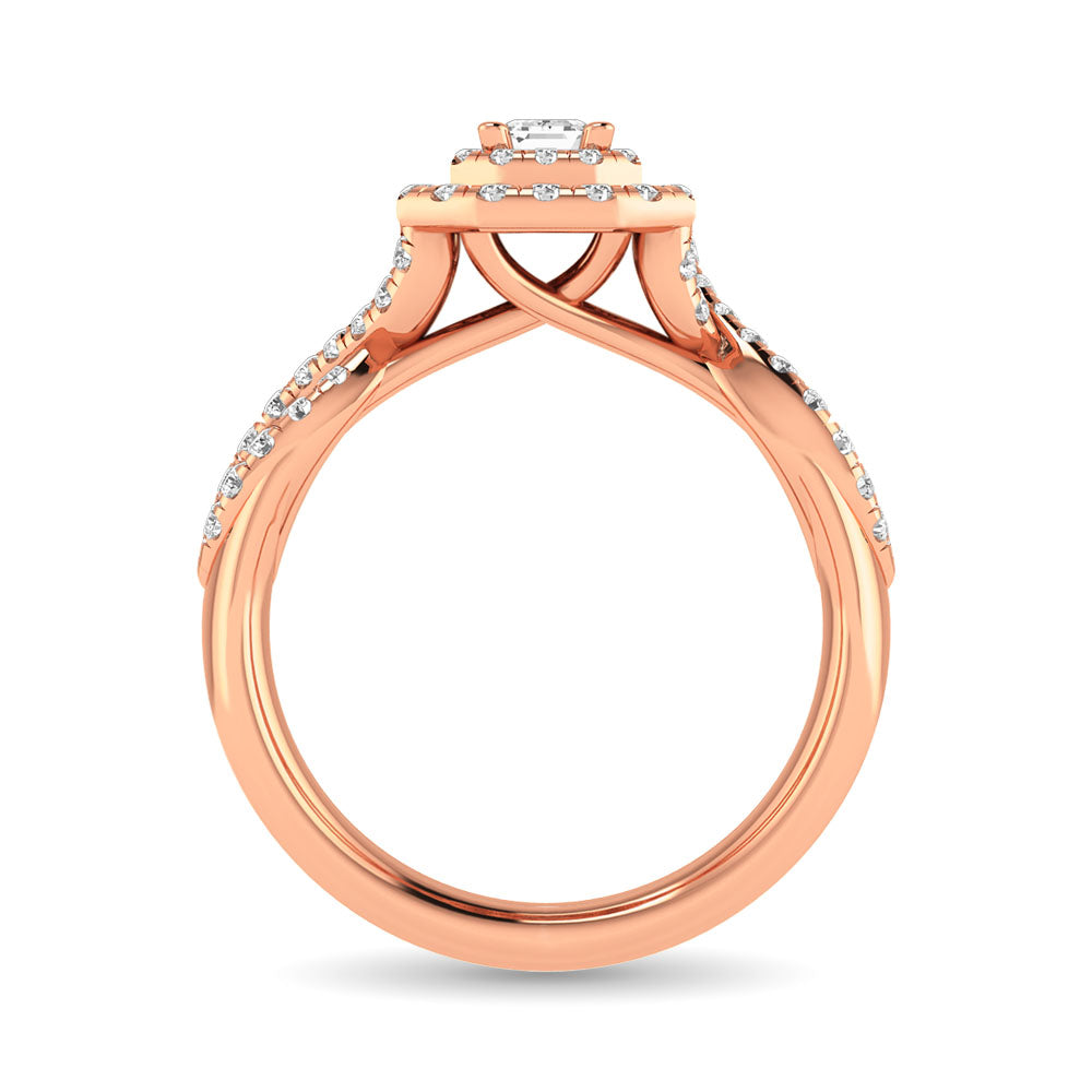 Diamond Twist Shank Double Halo Bridal Ring 1 ct tw Emerald Cut in 14K Rose Gold