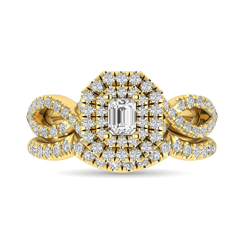 Diamond Twist Shank Double Halo Bridal Ring 1 ct tw Emerald Cut in 14K Yellow Gold