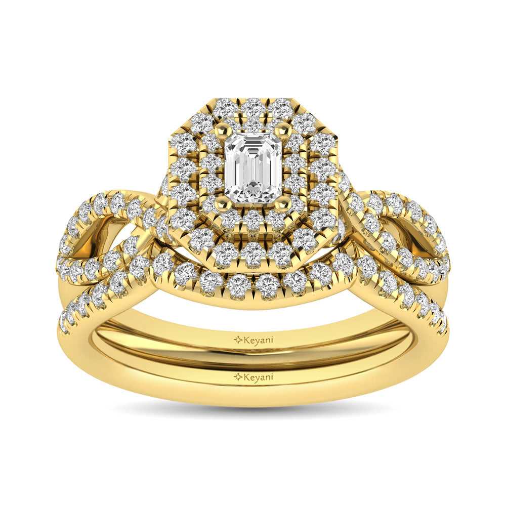 Diamond Twist Shank Double Halo Bridal Ring 1 ct tw Emerald Cut in 14K Yellow Gold