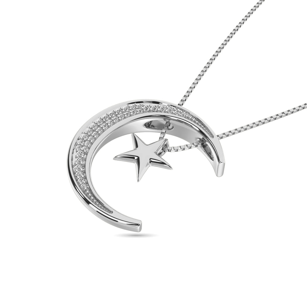 Diamond Moon And Star Pendant 1/20 Ct Tw In Sterling Silver