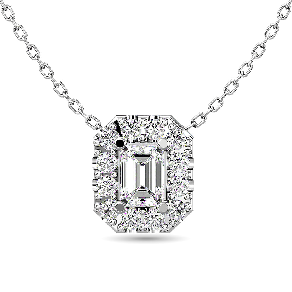 Diamond Emerald Cut Single Halo Pendant 1/4 Ct Tw In 14K White Gold