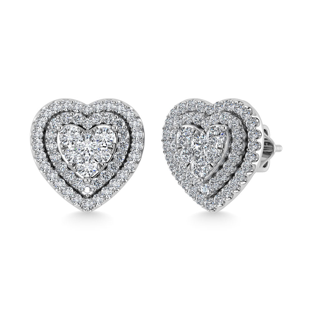 Diamond 7/8 Ct.Tw. Heart Shape Cluster Earrings In 10K White Gold
