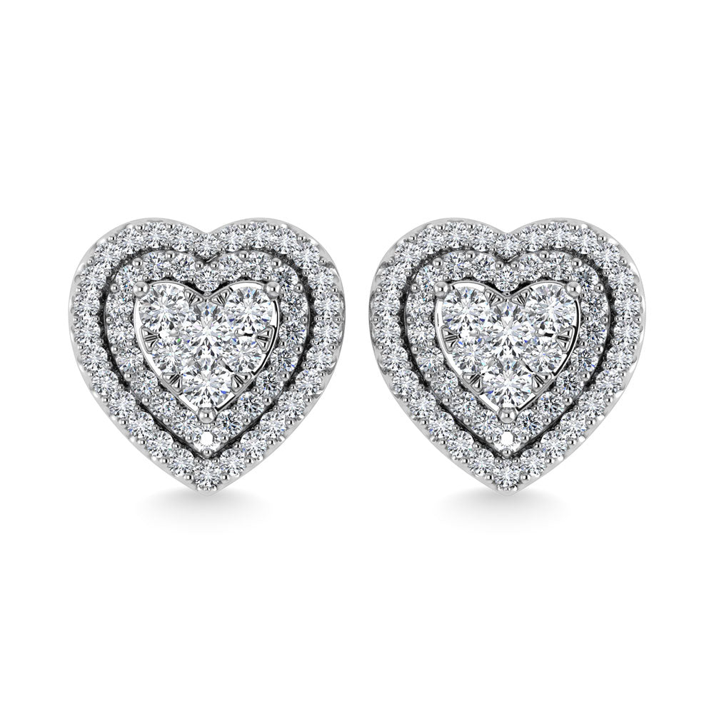 Diamond 7/8 Ct.Tw. Heart Shape Cluster Earrings In 10K White Gold