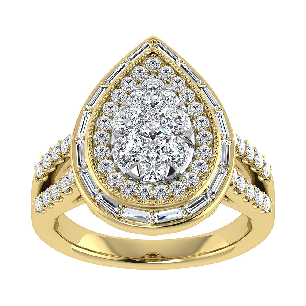 14K Yellow Gold 1 1/2.Tw. Round And Straight Baguette Diamond Pear Shape Ring