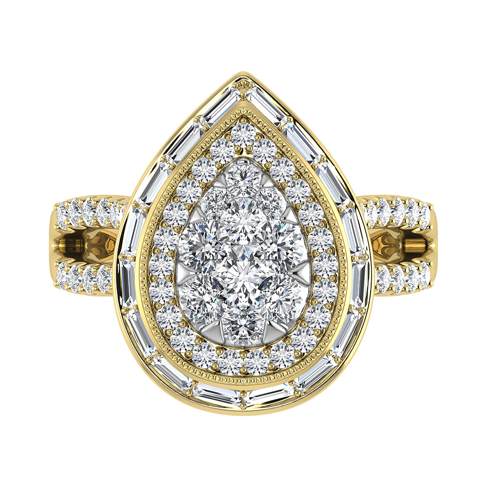 14K Yellow Gold 1 1/2.Tw. Round And Straight Baguette Diamond Pear Shape Ring