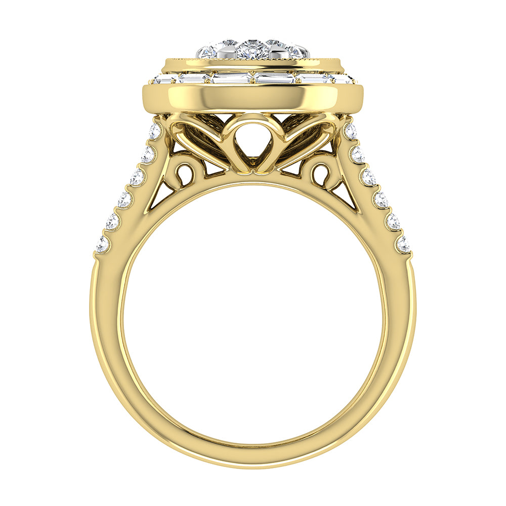 14K Yellow Gold 1 1/2.Tw. Round And Straight Baguette Diamond Pear Shape Ring