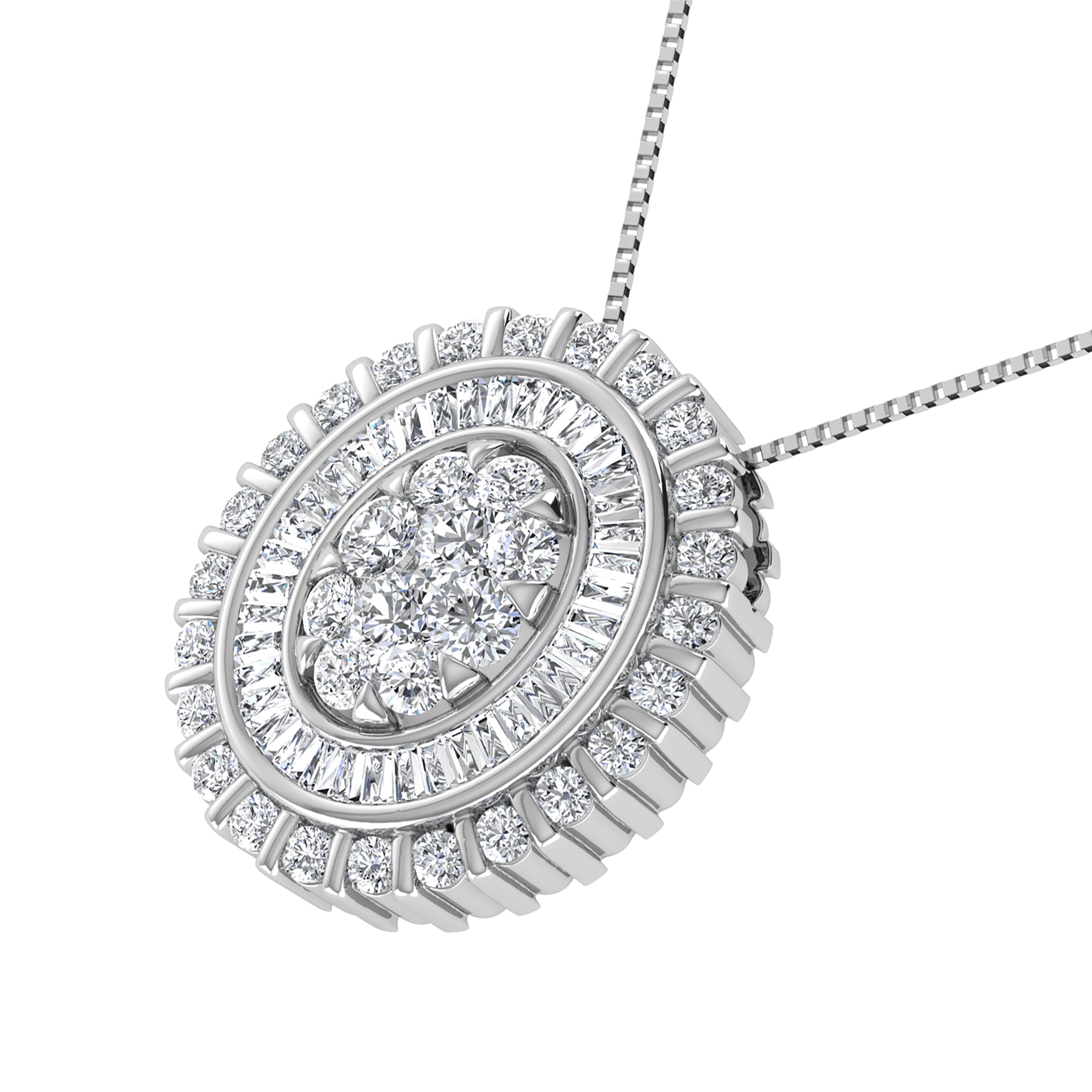 14K White Gold 3/4.Tw. Round And Tapper Diamond Invisible Oval Shape Pendant Pendant