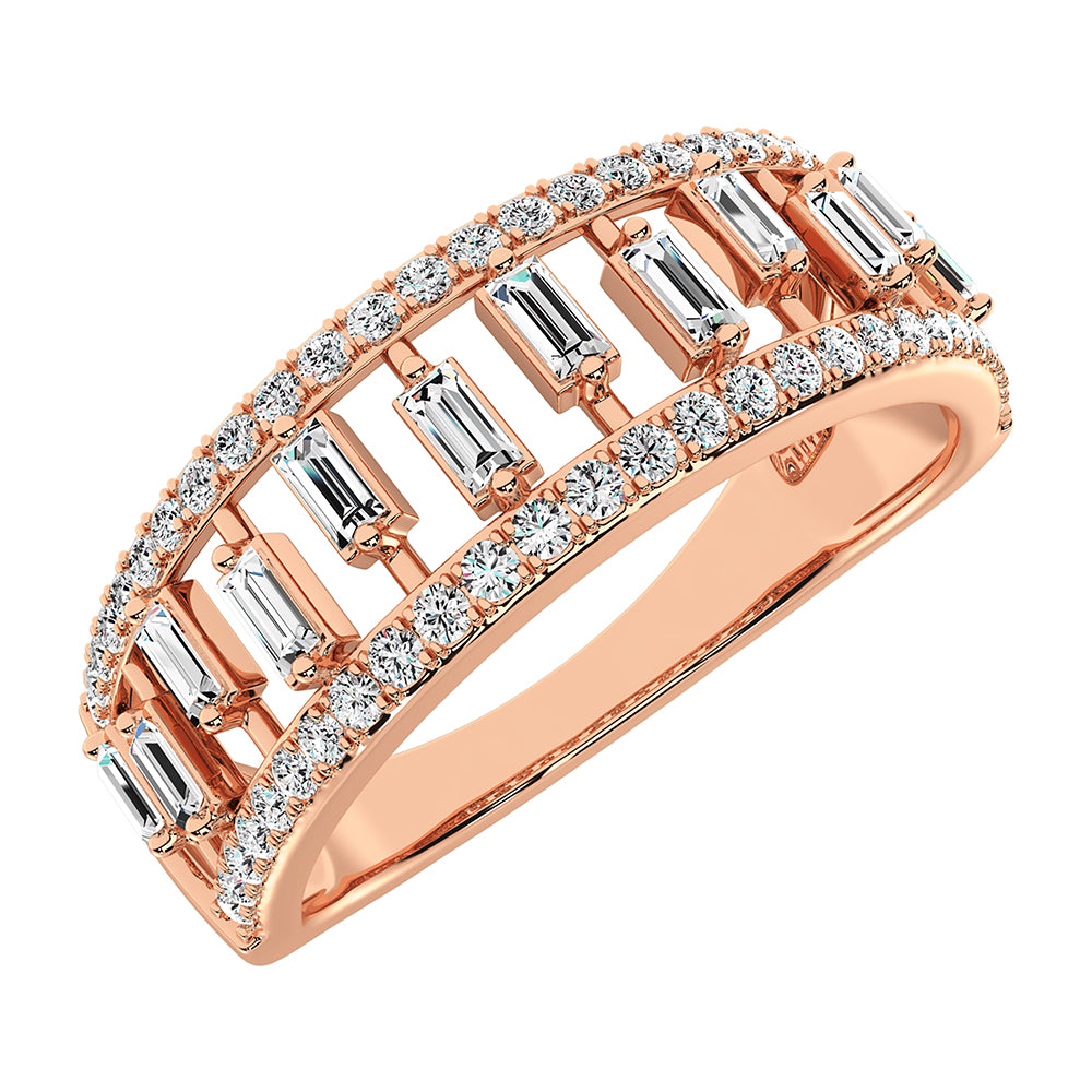14K Rose Gold 1/3 Ct.Tw. Diamond Round and Baguette Set Fashion Band