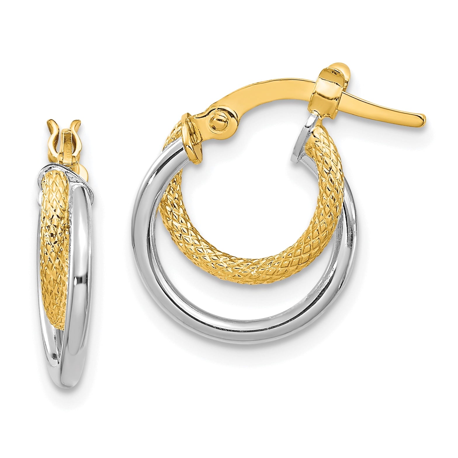 14K Two-Tone Polished Diamond-Cut Hinged Hoop Earrings