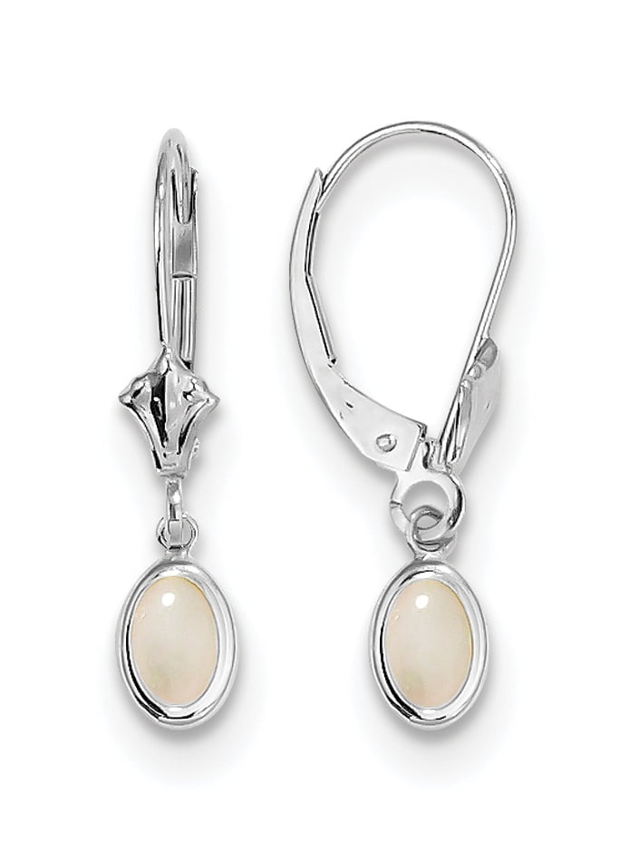 14K White Gold 6X4 Oval Bezel October/Opal Leverback Earrings