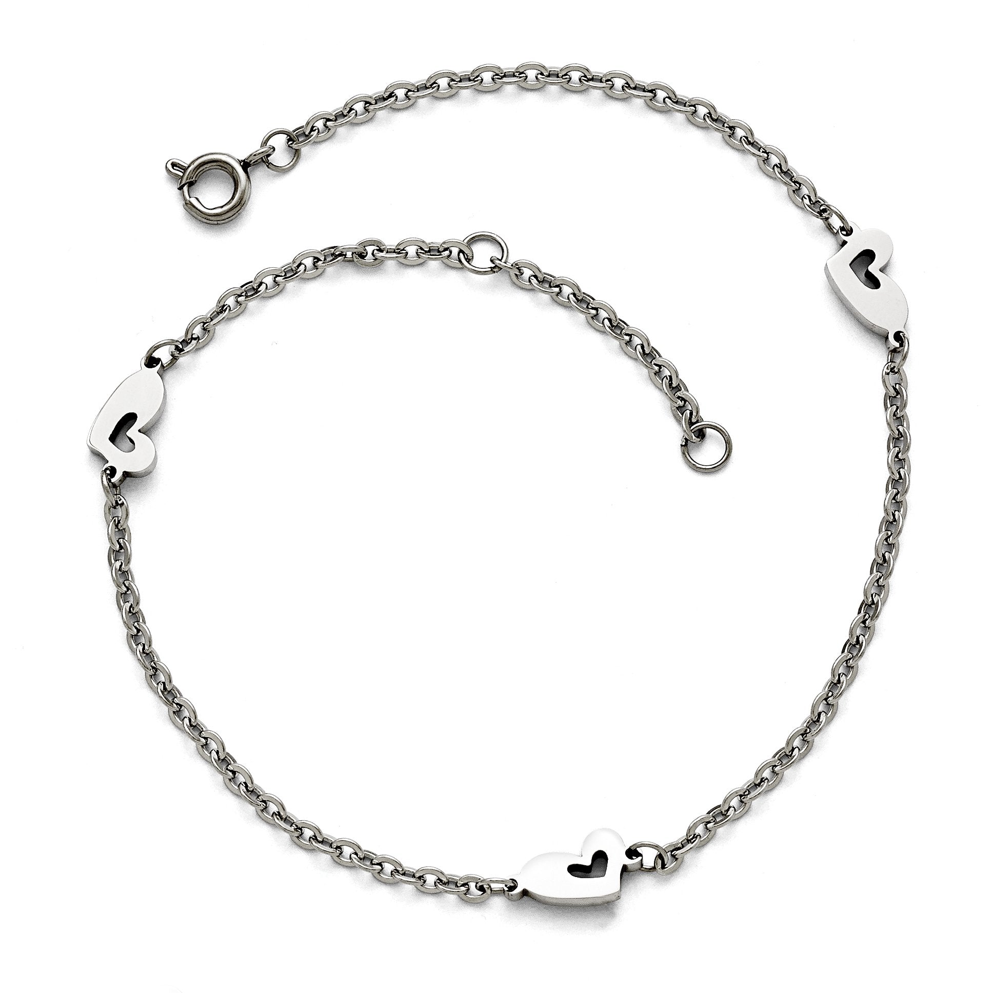 Chisel Stainless Steel Polished Hearts 9 Inch Anklet Plus 1 Inch Extension