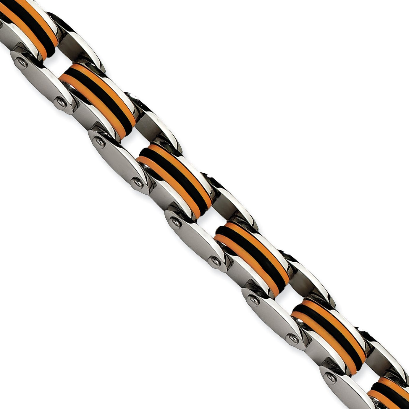 Chisel Stainless Steel Polished With Black And Orange Polyurethane 8.75 Inch Link Bracelet
