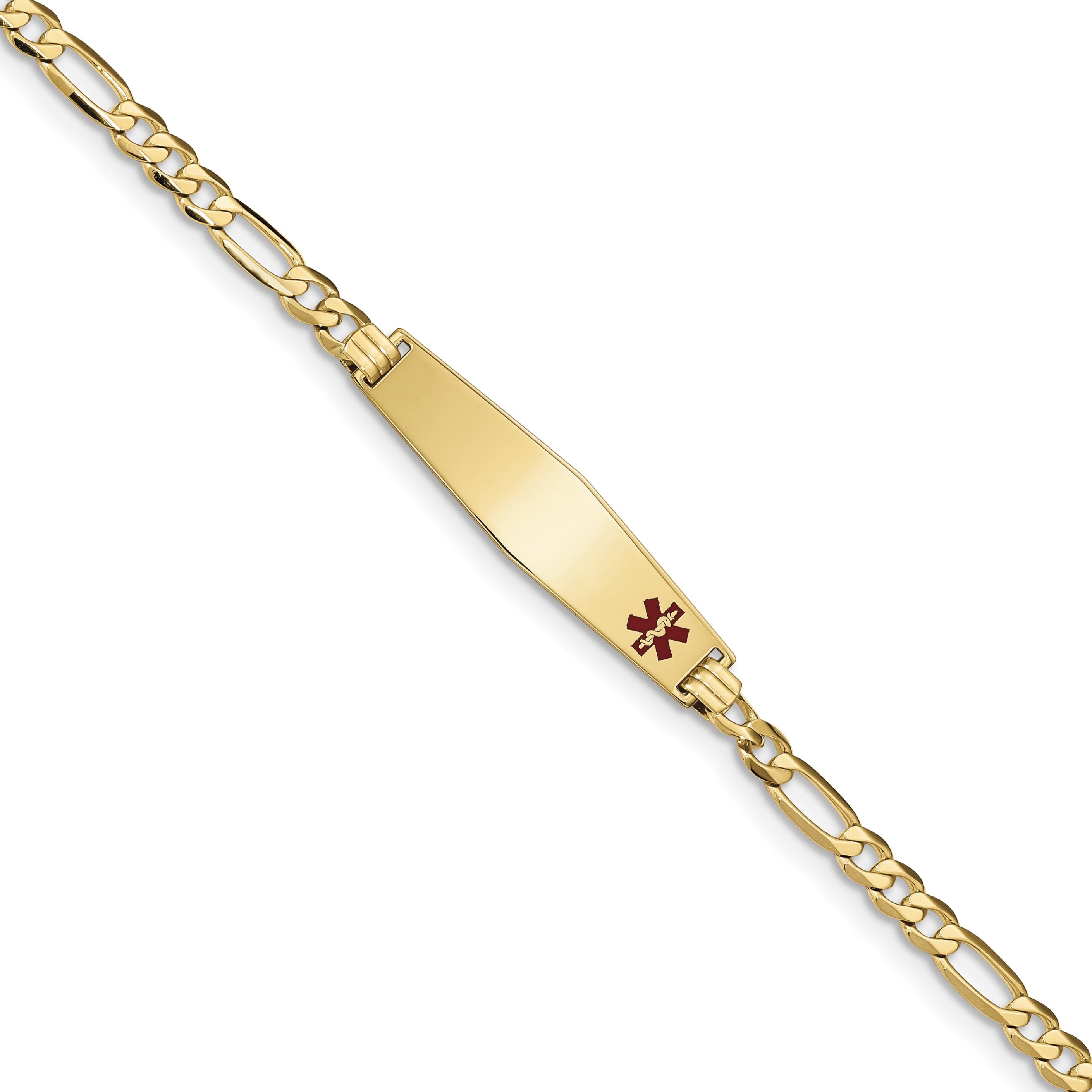 14K Medical Soft Diamond Shape Red Enamel Flat Figaro Link Id Bracelet