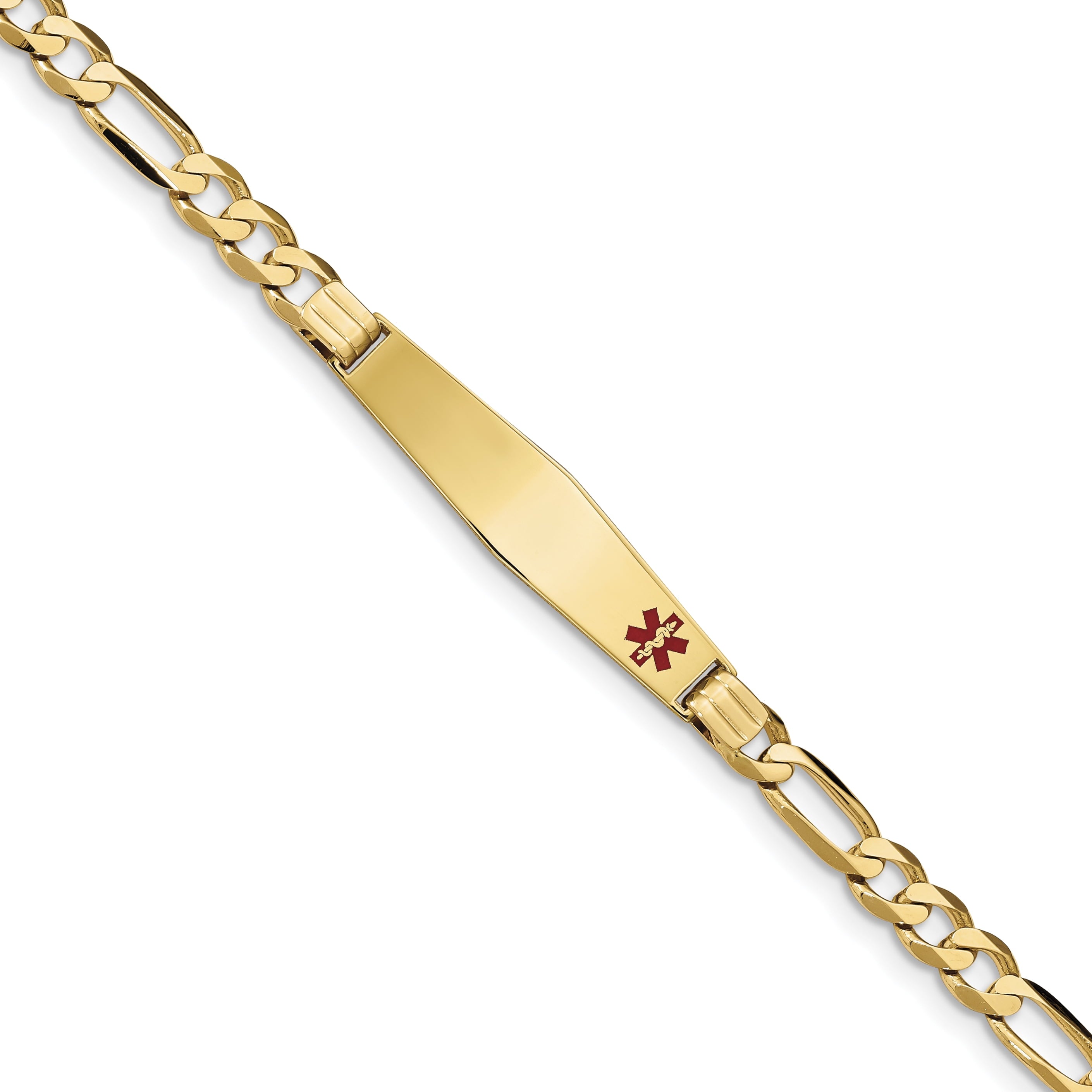 14K Medical Soft Diamond Shape Red Enamel Figaro Id Bracelet