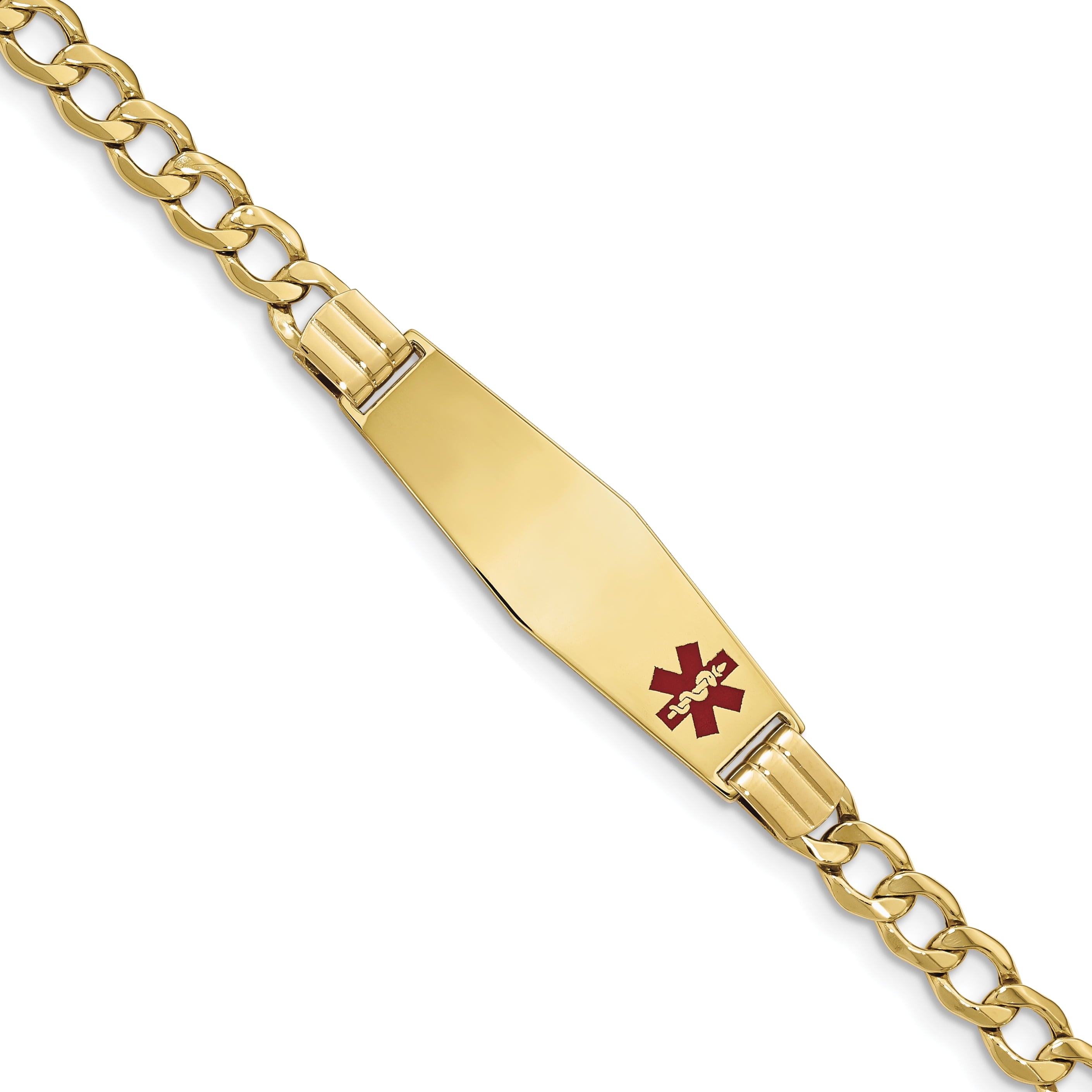 14K Semi-Solid Medical Soft Diamond Shape Red Enamel Curb Link Id Bracelet