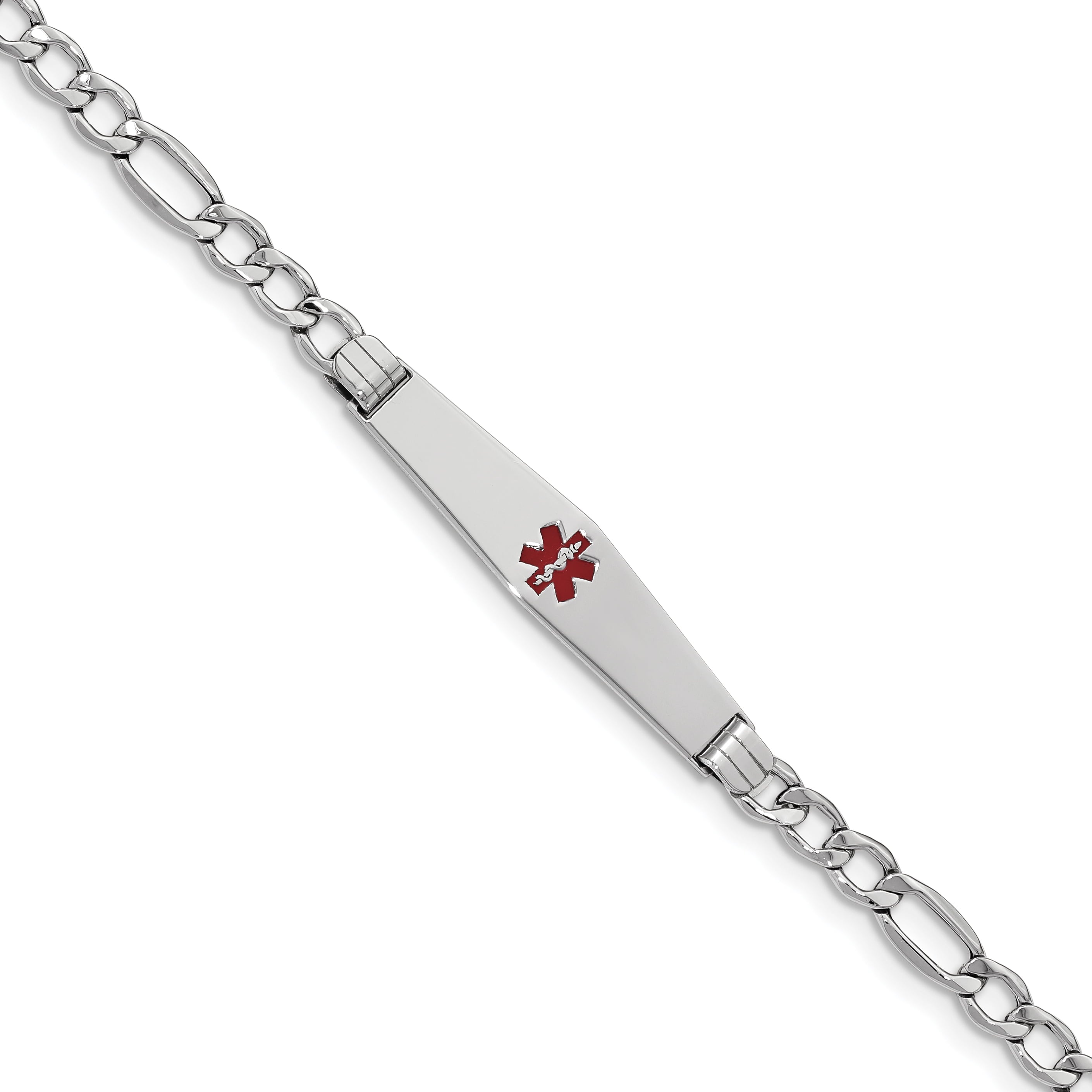 14K Wg Semi-Solid Medical Soft Diamond Shape Red Enamel Figaro Id Bracelet