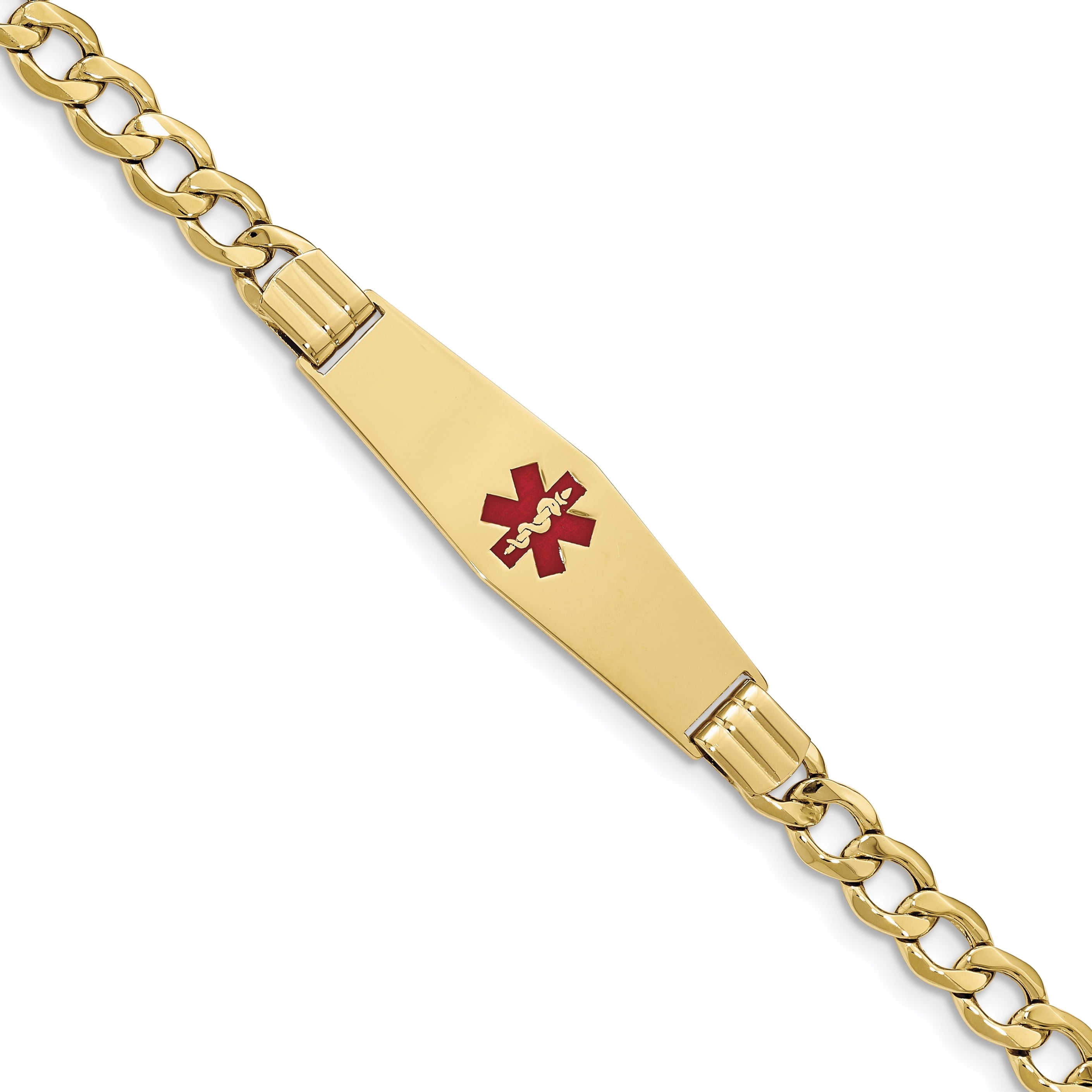 14K Semi-Solid Medical Soft Diamond Shape Red Enamel Curb Link Id Bracelet