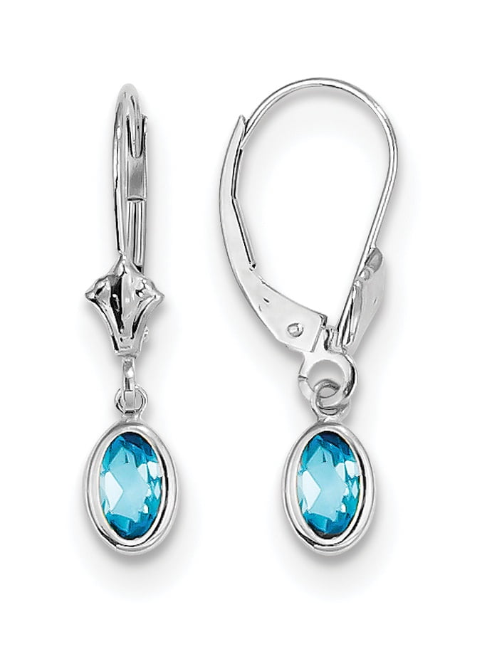 14K White Gold 6X4 Oval Bezel December/Blue Topaz Leverback Earrings