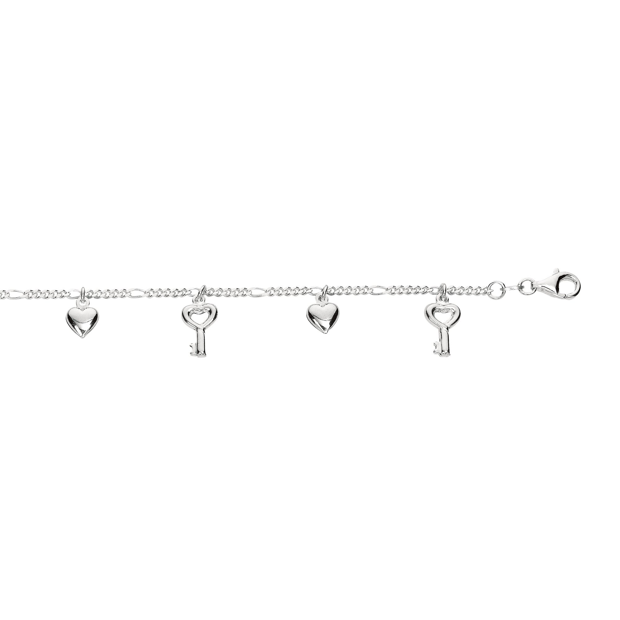 Sterling Silver 10" Dangle Key and Hearts Anklet