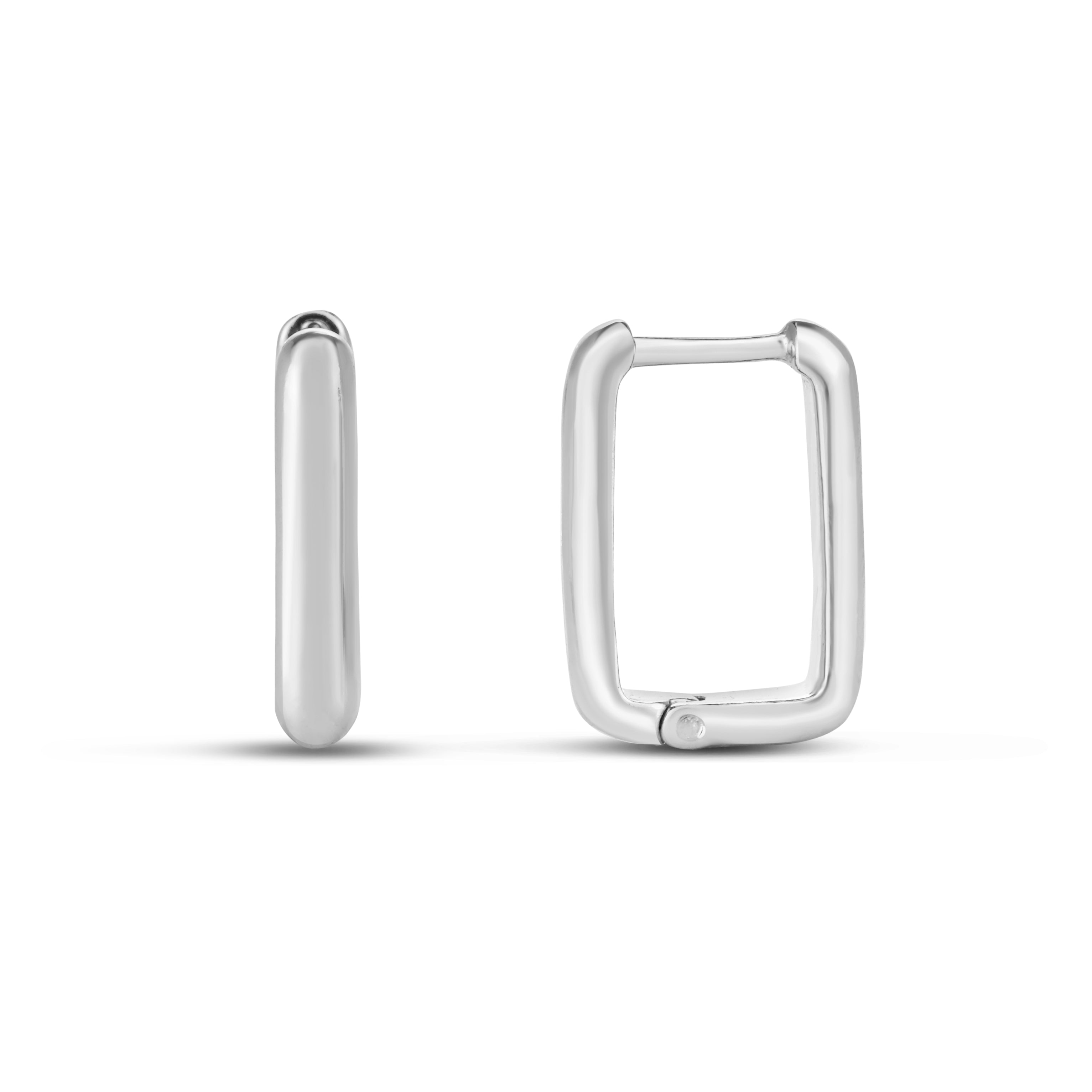 Silver Polished Rectangle Hoop Earrings With Snap Closure. Rhodium Plated.