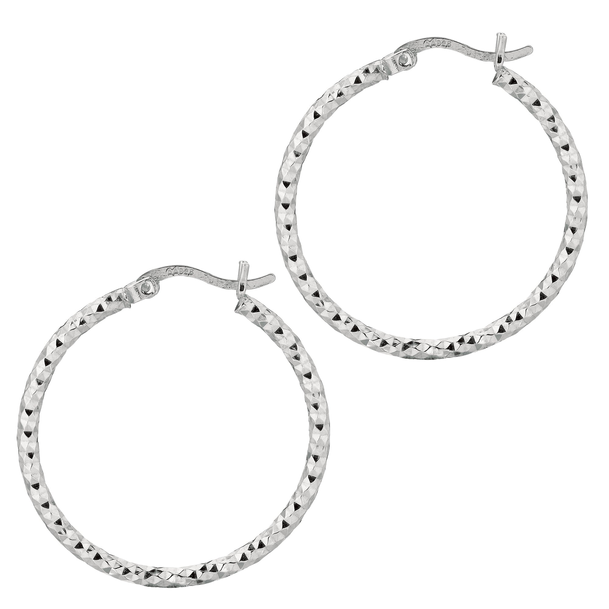 Sterling Silver 2X25Mm Diamond Cut Hoop Earring