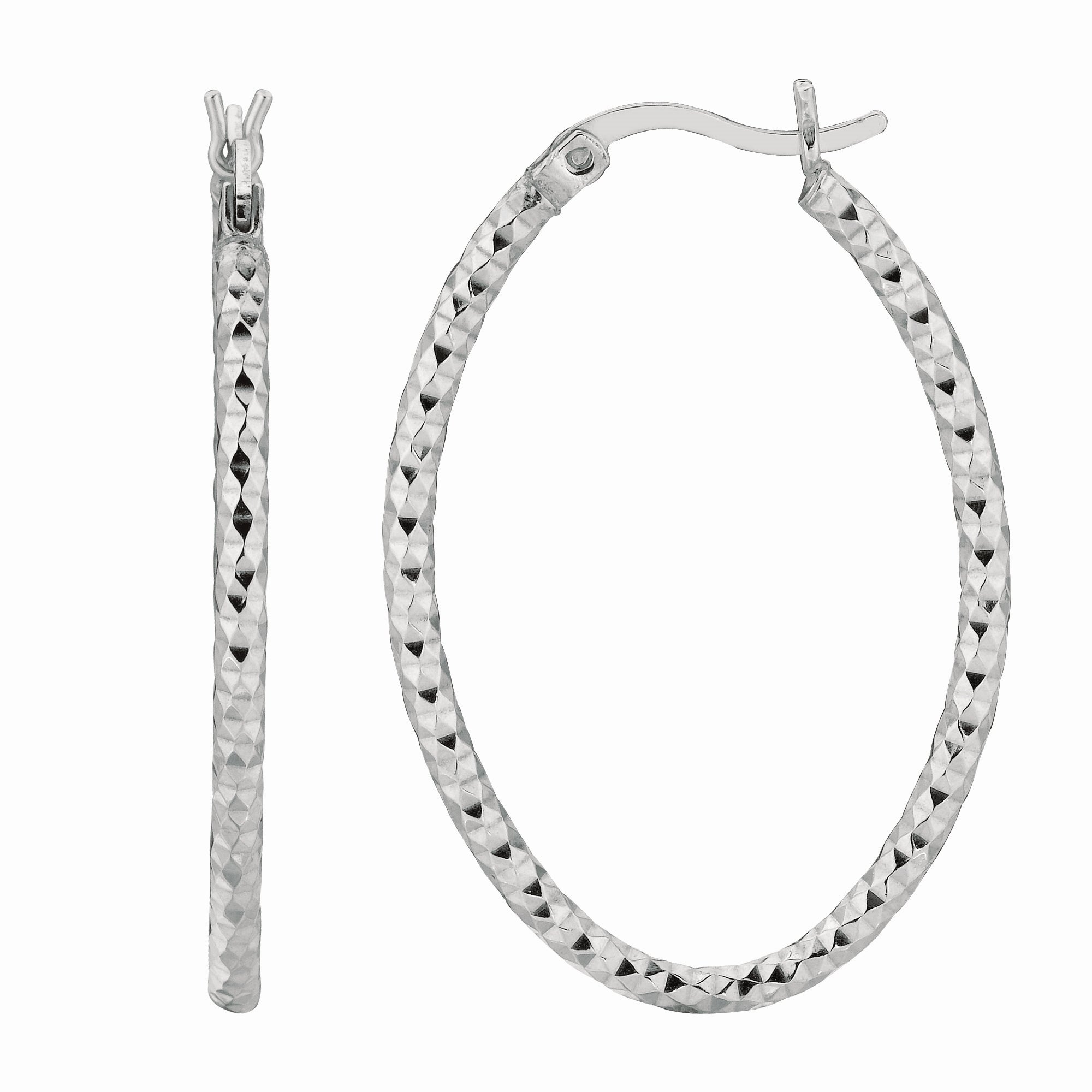 Sterling Silver 2X25Mm Diamond Cut Oval Hoop Earring