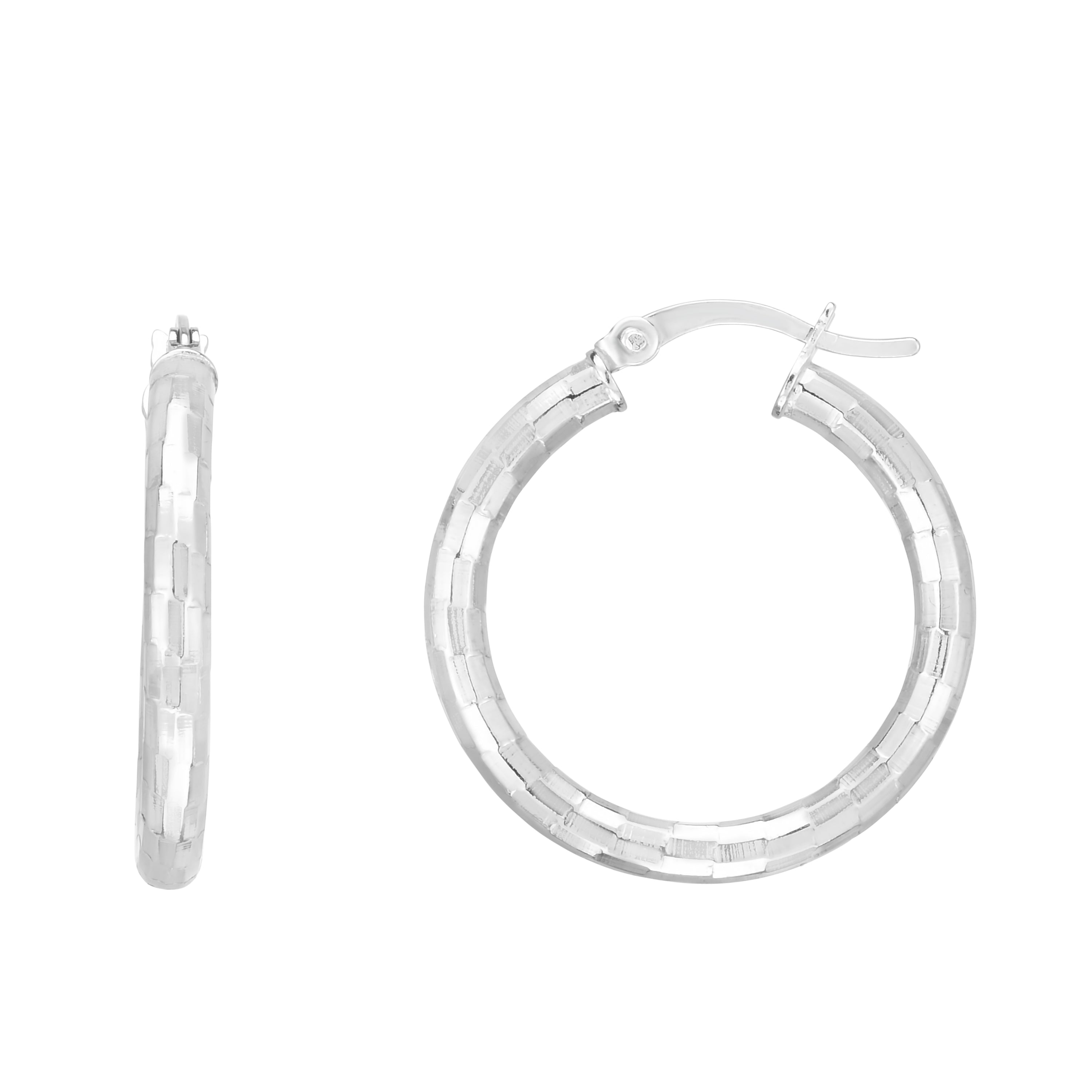 Sterling Silver 20mm Disco Diamond Cut Hoop Earring with Hinge Closure