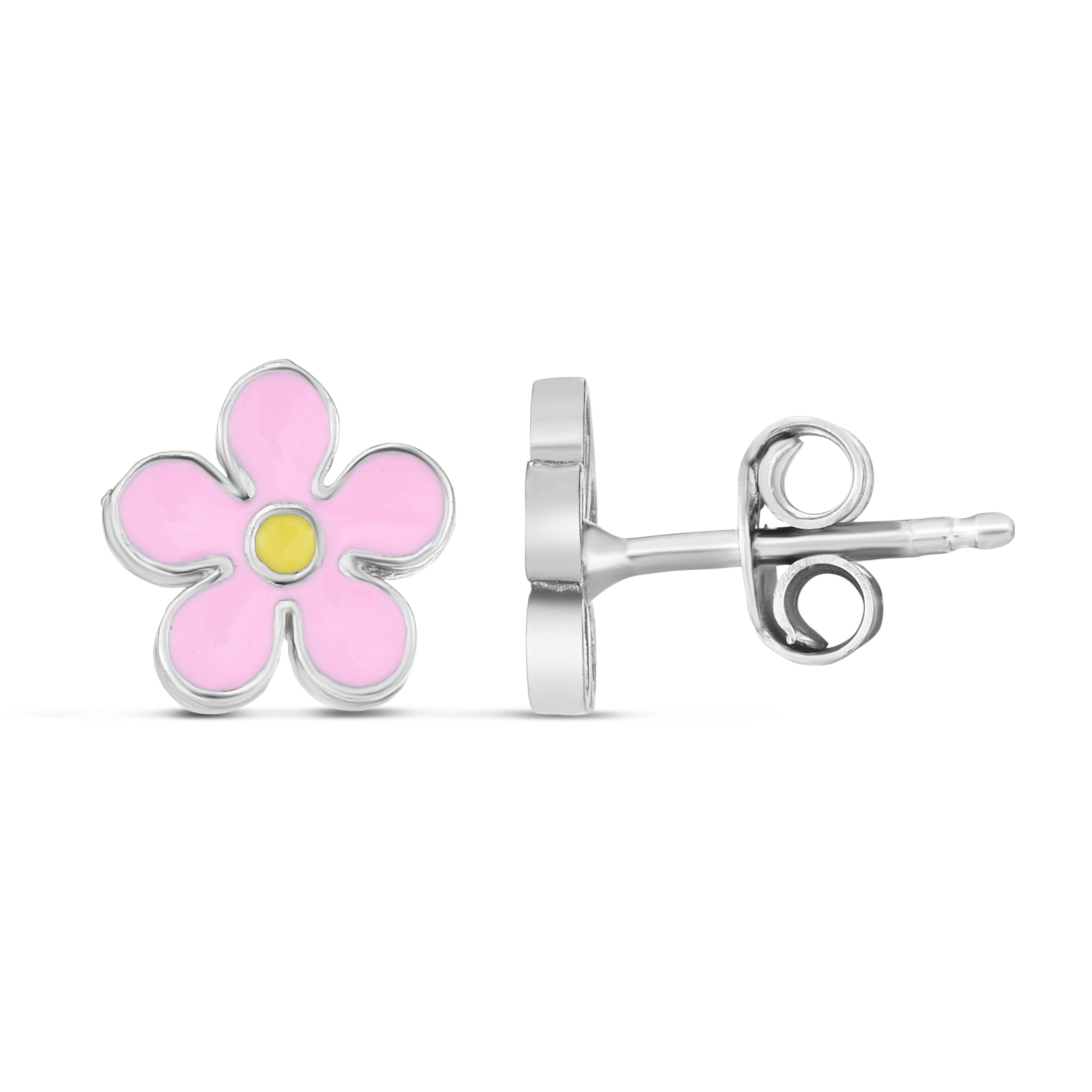 Sterling Silver Polished Enamel Pink Flower Studs With Push Back Closure.