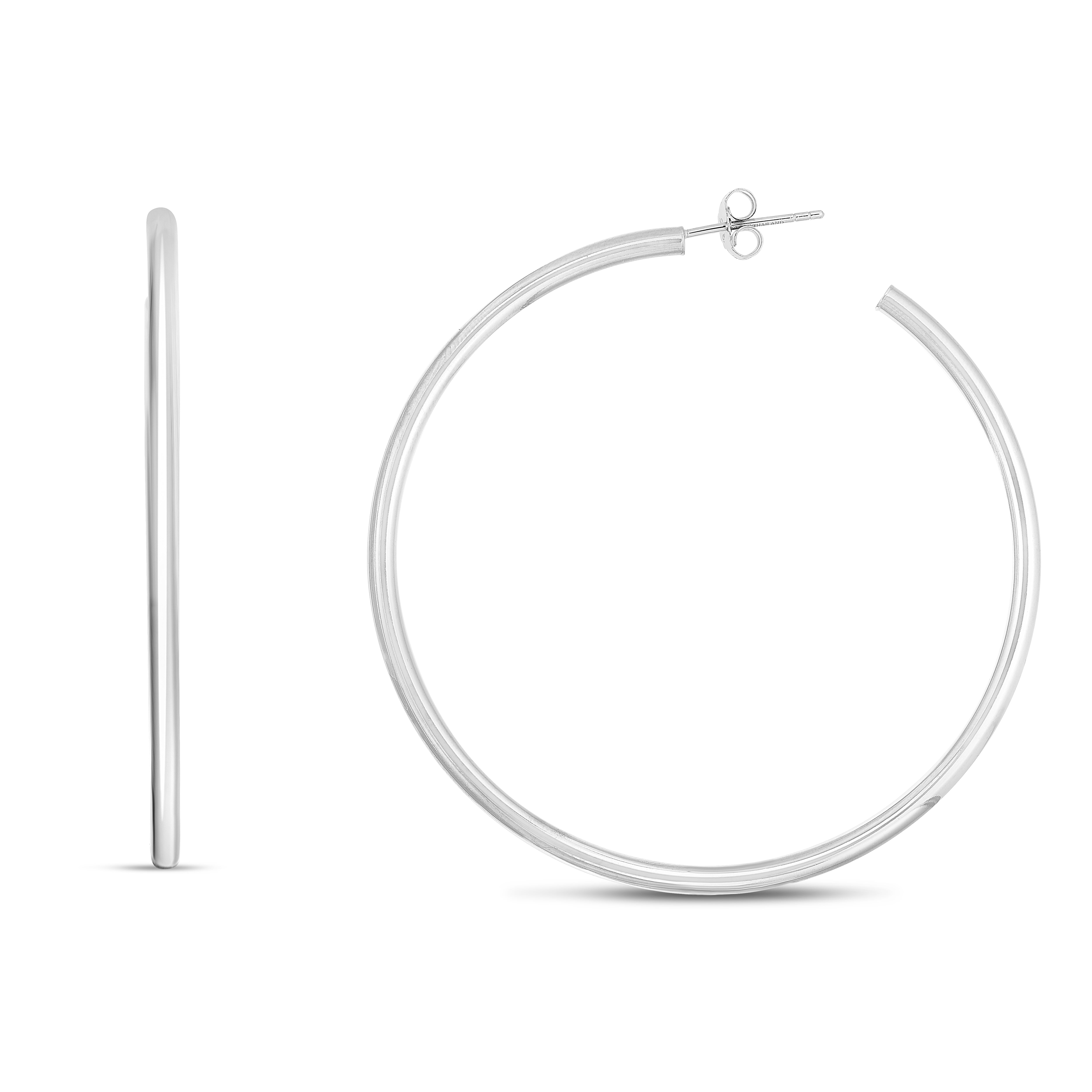 Sterling Silver 65mm Polished Round Tube C Hoops with Push Back closure.