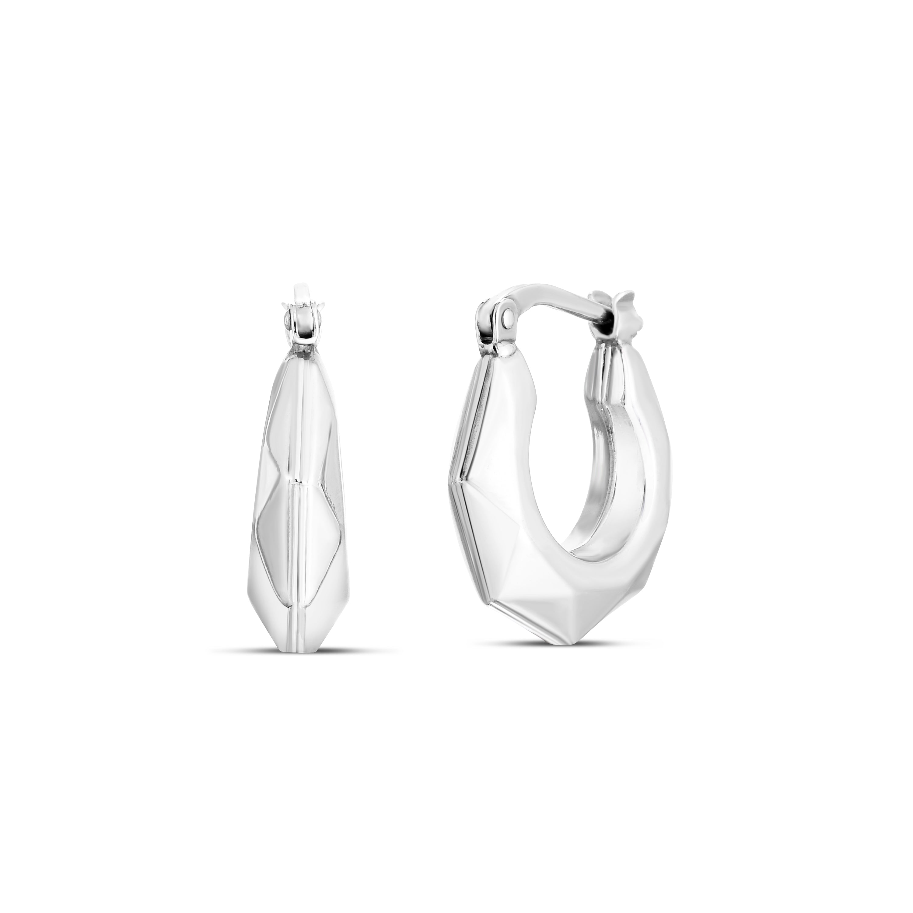 Sterling Silver Polished Puffed Pyramid Hoops With Hinged Closure.