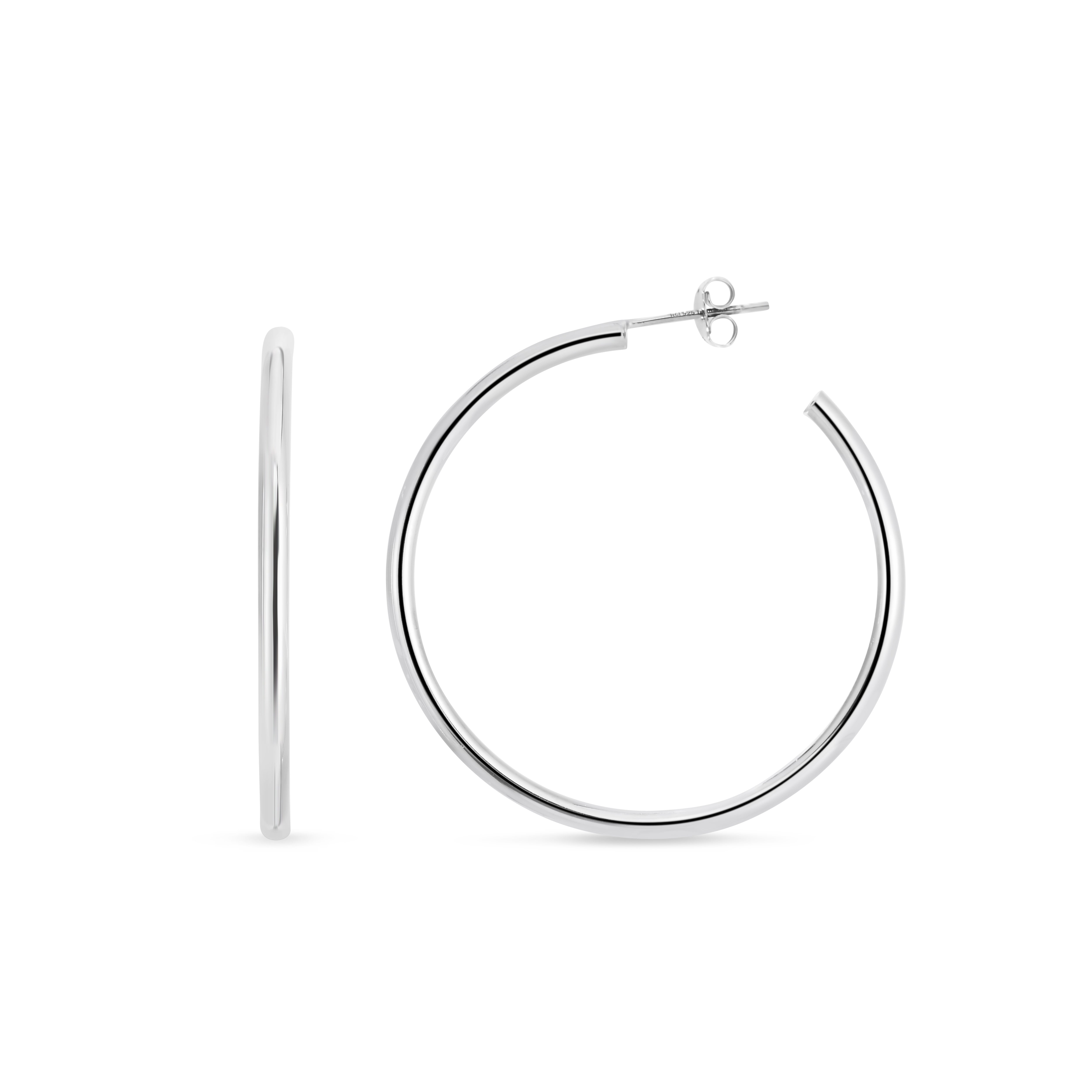 Sterling Silver Polished 50mm Round Tube C Hoops with Push Back closure.