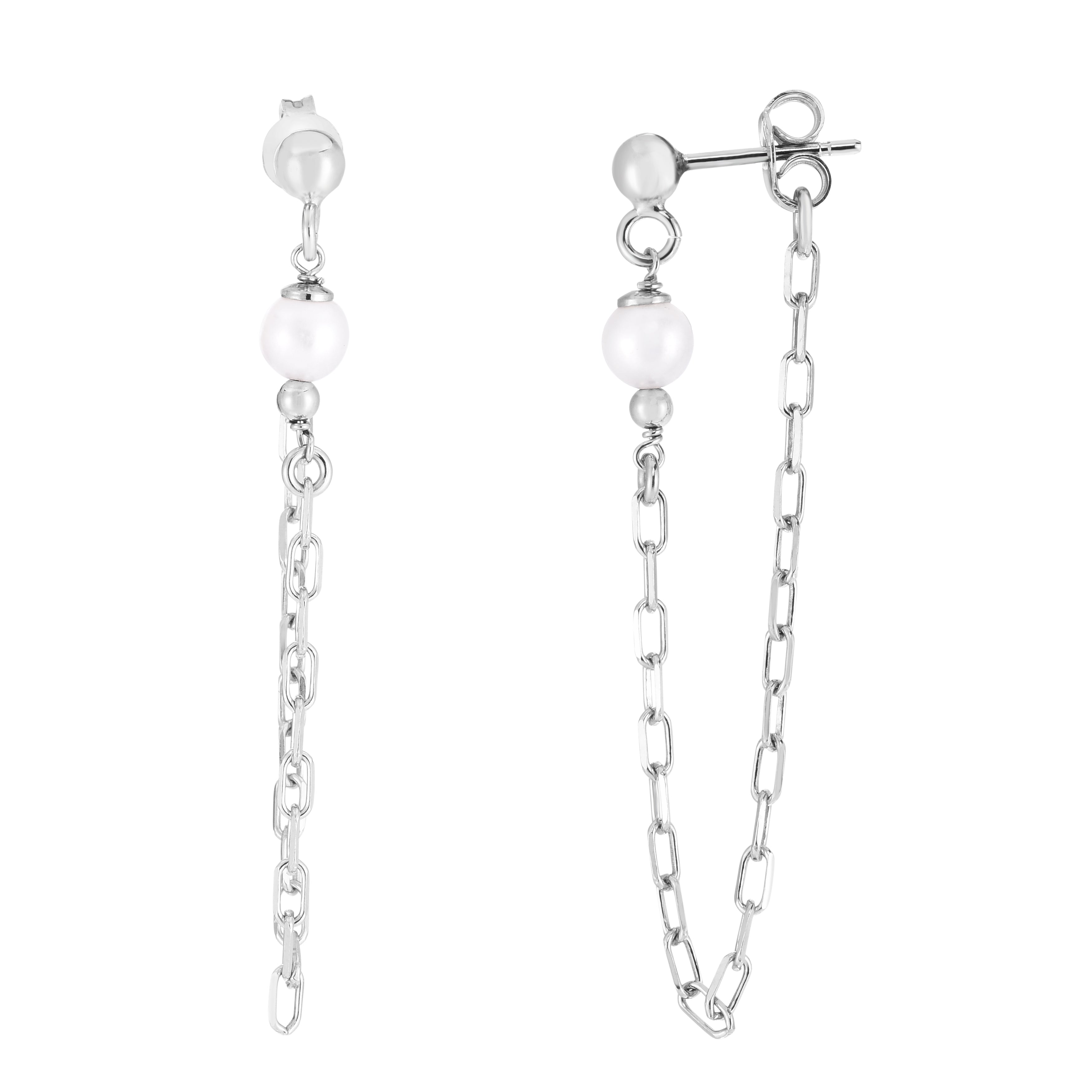 Sterling Silver Polished Pearl Chain Front-to-Back Earrings with Push Back closure.