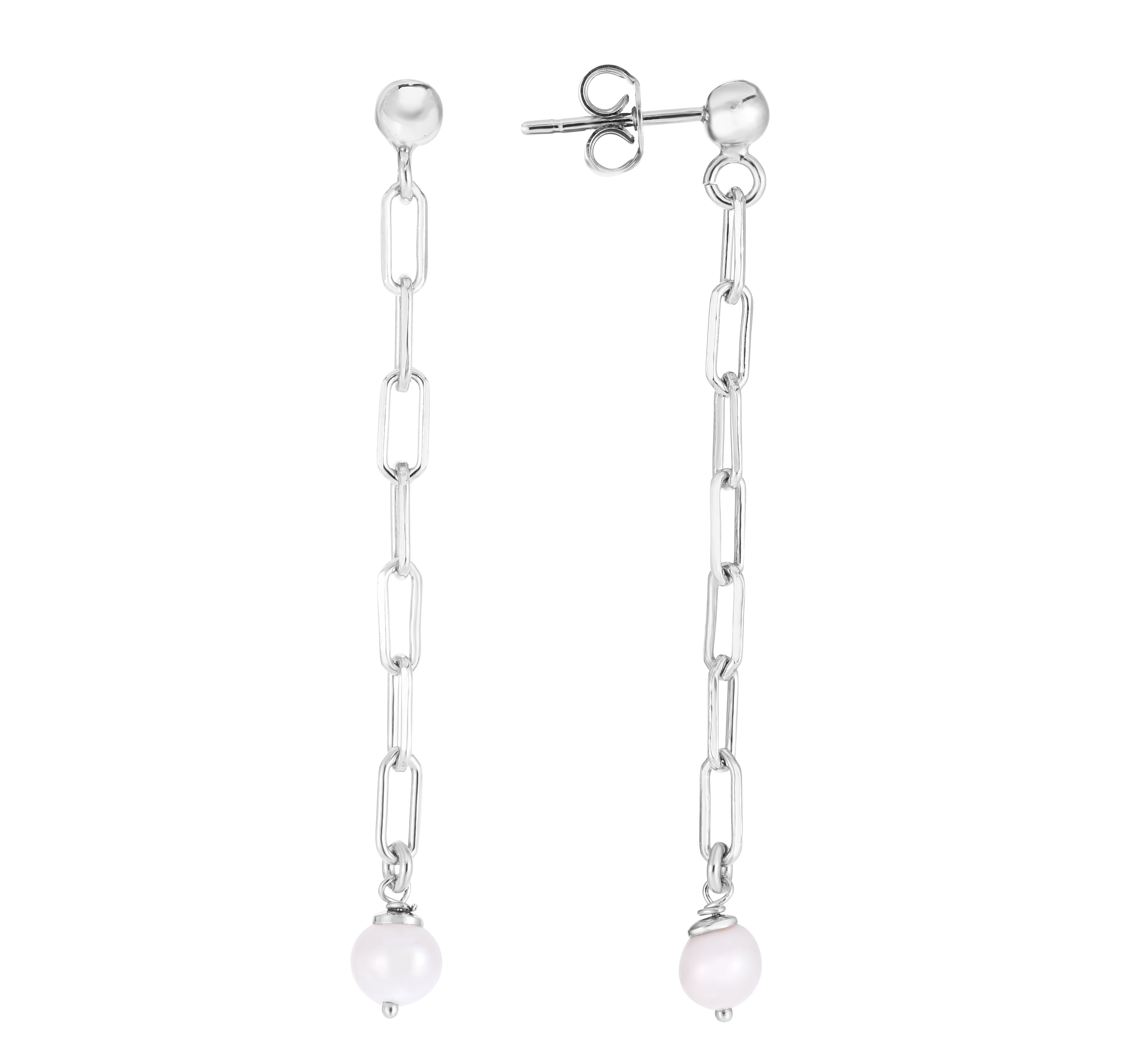 Sterling Silver Polished Pearl Chain Straight Drop Earrings with Push Back closure.