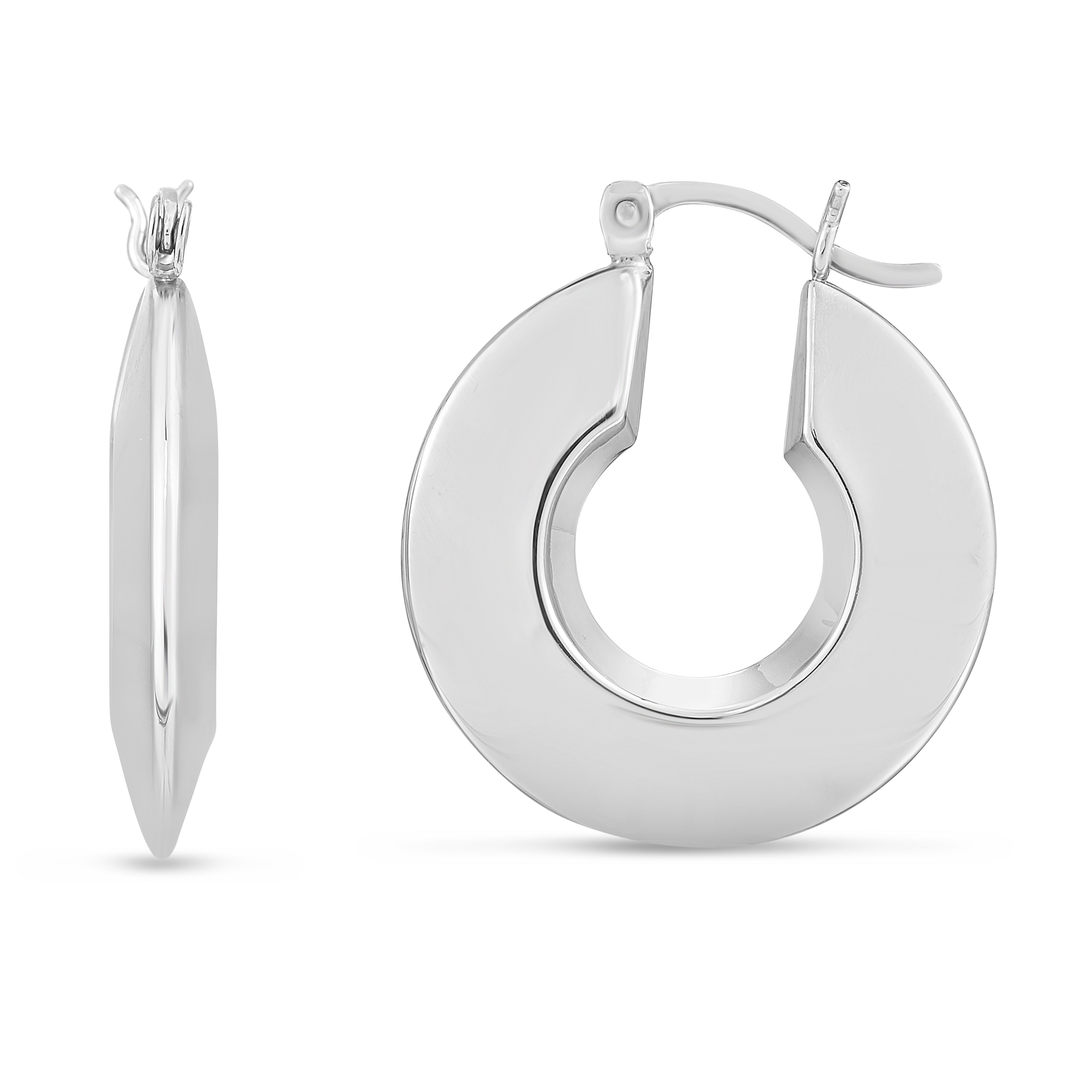 Silver Small Polished Puffed Round Hoops With Hinged Clasp. Rhodium Plated.