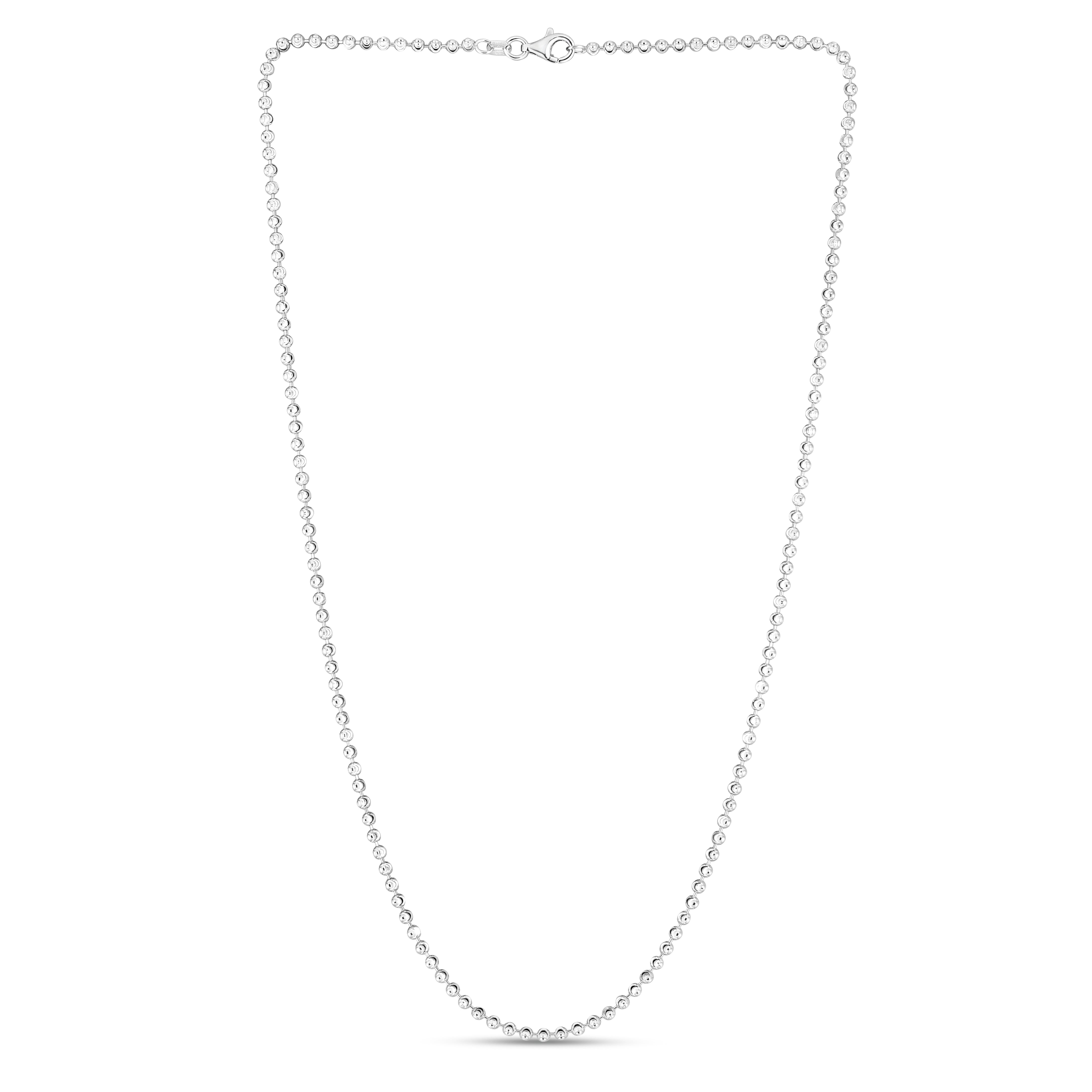 Sterling Silver 2.5mm Moon-cut Bead 20" Chain with Lobster Clasp. Item has rhodium finish.