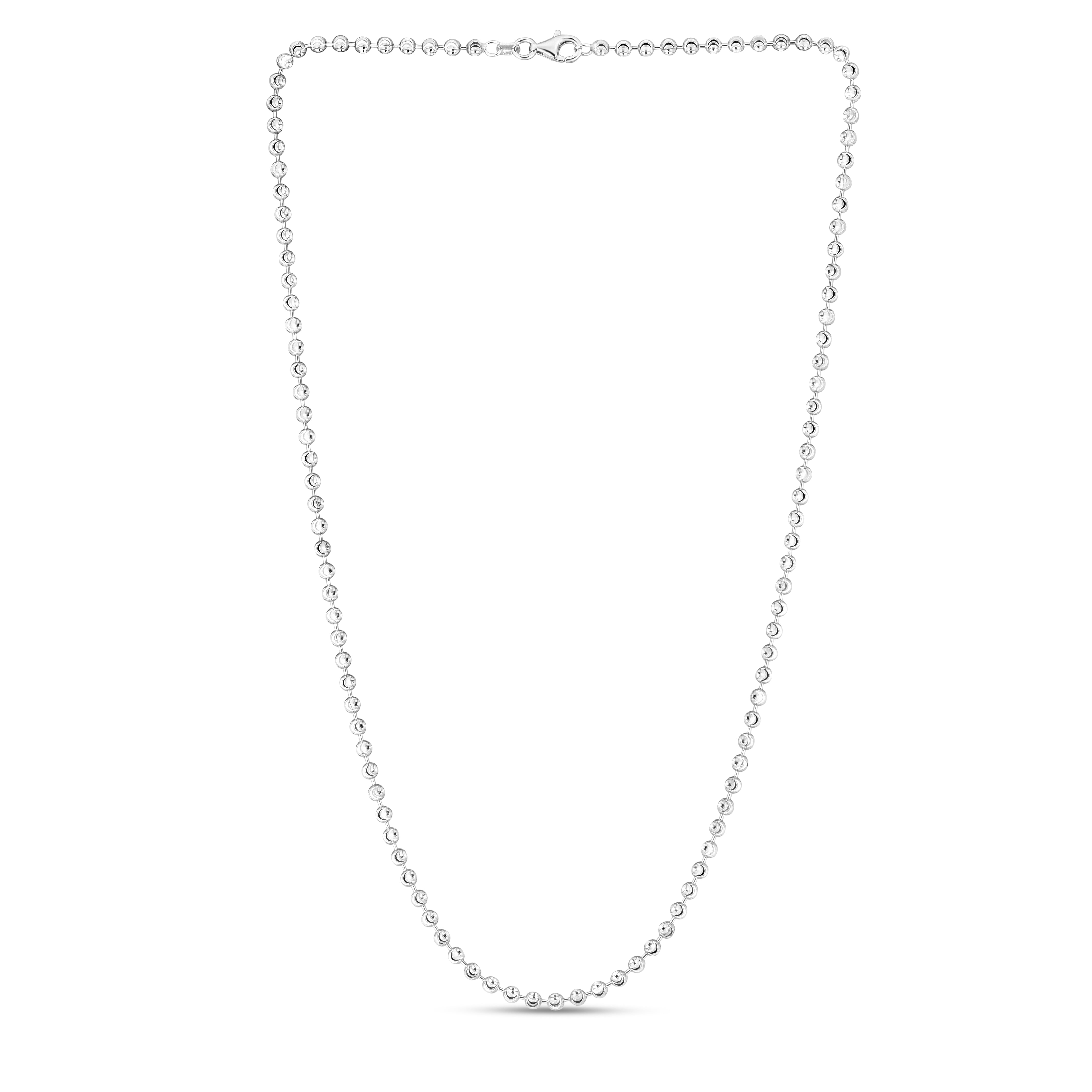 Sterling Silver 3mm Moon-cut Bead 24" Chain with Lobster Clasp. Item has rhodium finish.