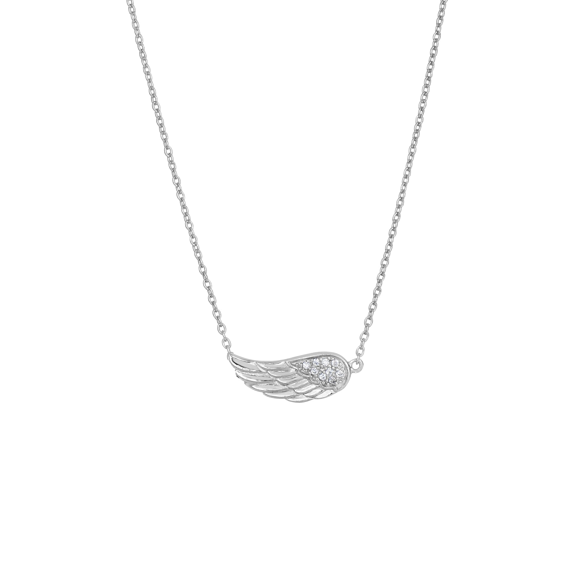 Sterling Silver 18" CZ Sideways Angel Wing Necklace