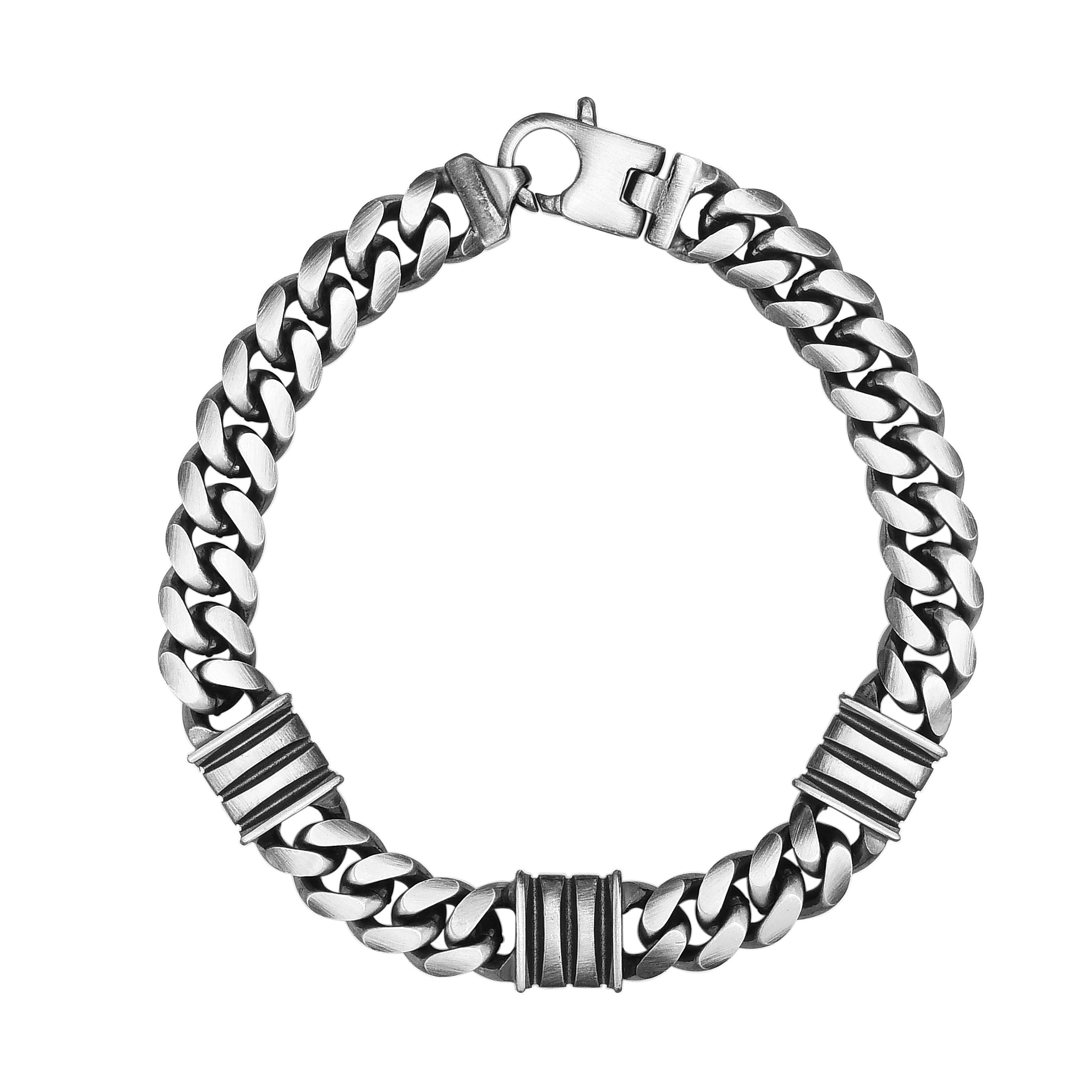 Sterling Silver 9.2mm Men's Gunmetal Triple Bar Station 8.5" Bracelet with Lobster Clasp