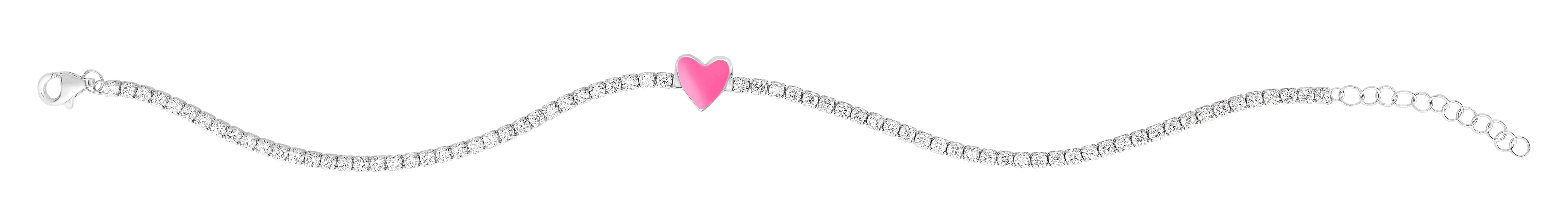 Sterling Silver 7.5" Pink Enamel Heart CZ Bracelet with Lobster Clasp.