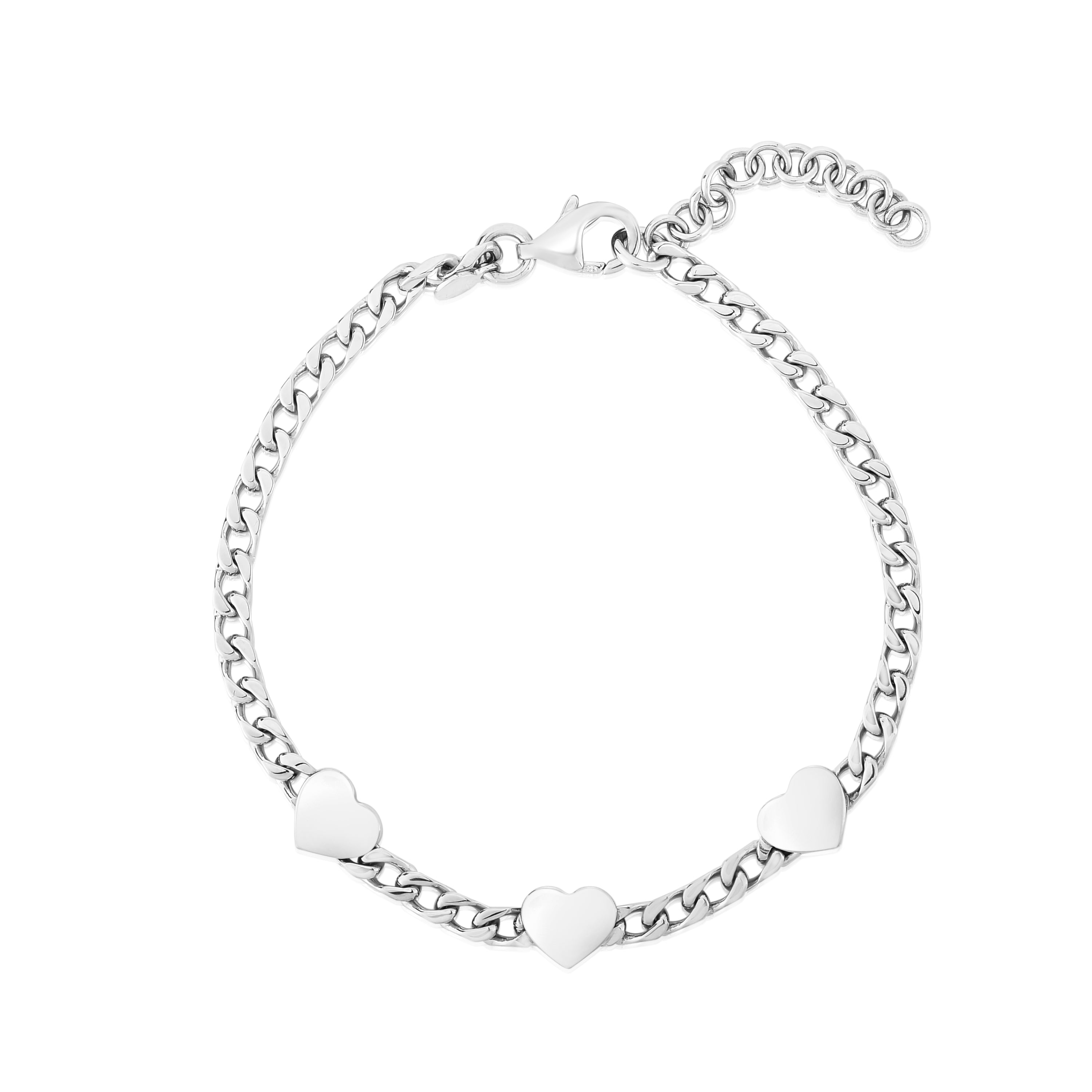 Sterling Silver Polished 8" Heart Chain Bracelet with Lobster Clasp, and 1" extender.